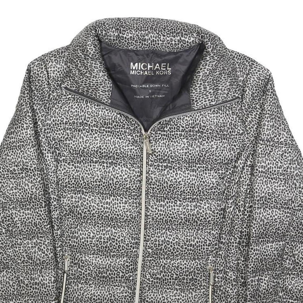 MICHAEL KORS Womens Grey Leopard Print Puffer Jacket S Polyester Zip Animal