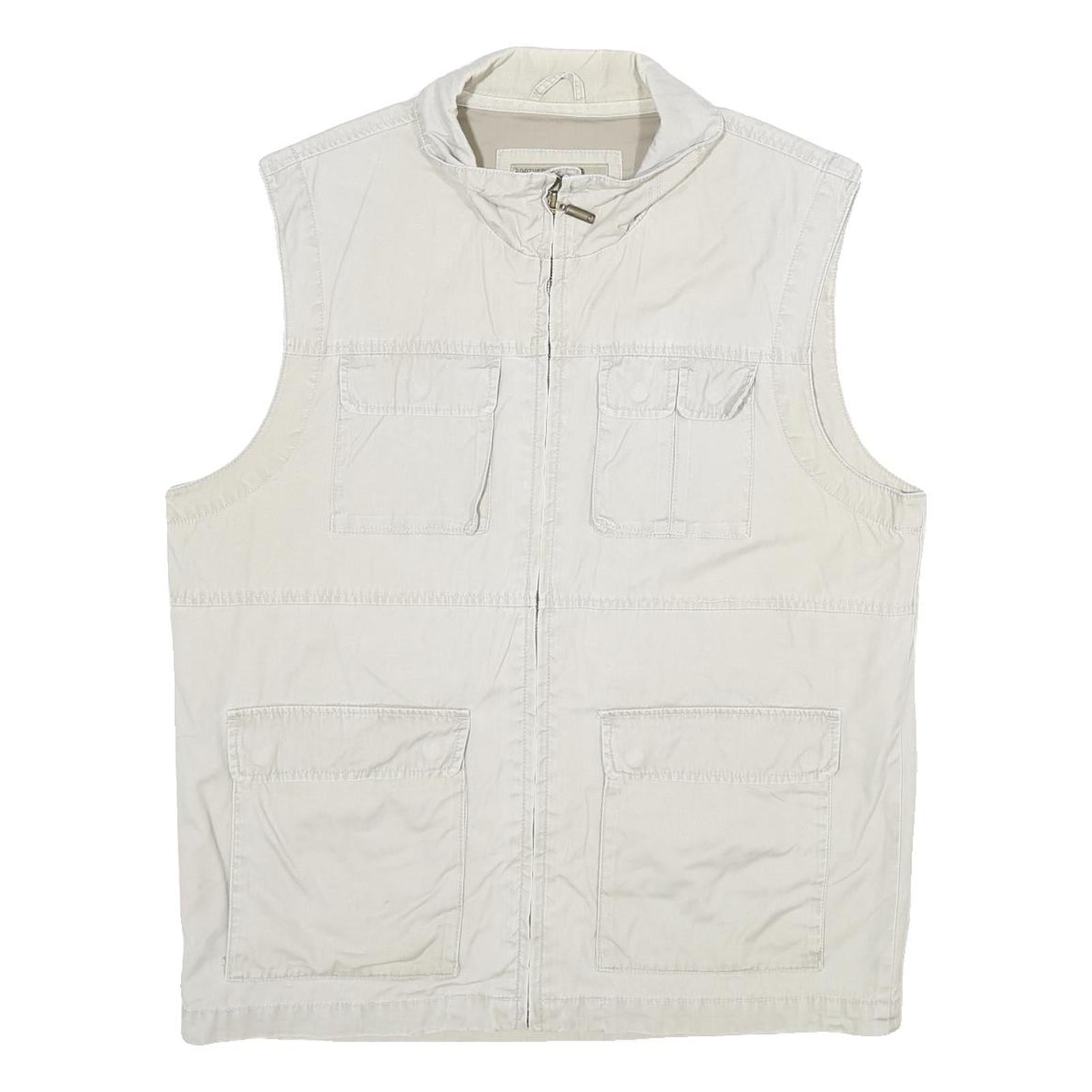 C&A Mens White Cotton Gilet L Plain Utility Pockets Zip Up Casual Workwear