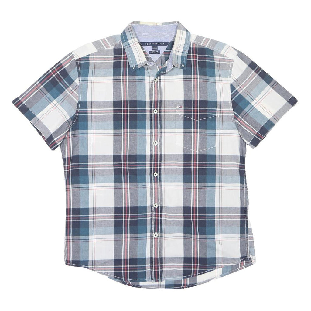 TOMMY HILFIGER Mens Blue & White Check Shirt L Cotton Blend Casual Short Sleeve