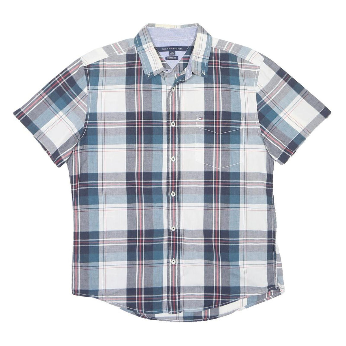 TOMMY HILFIGER Mens Blue & White Check Shirt L Cotton Blend Casual Short Sleeve