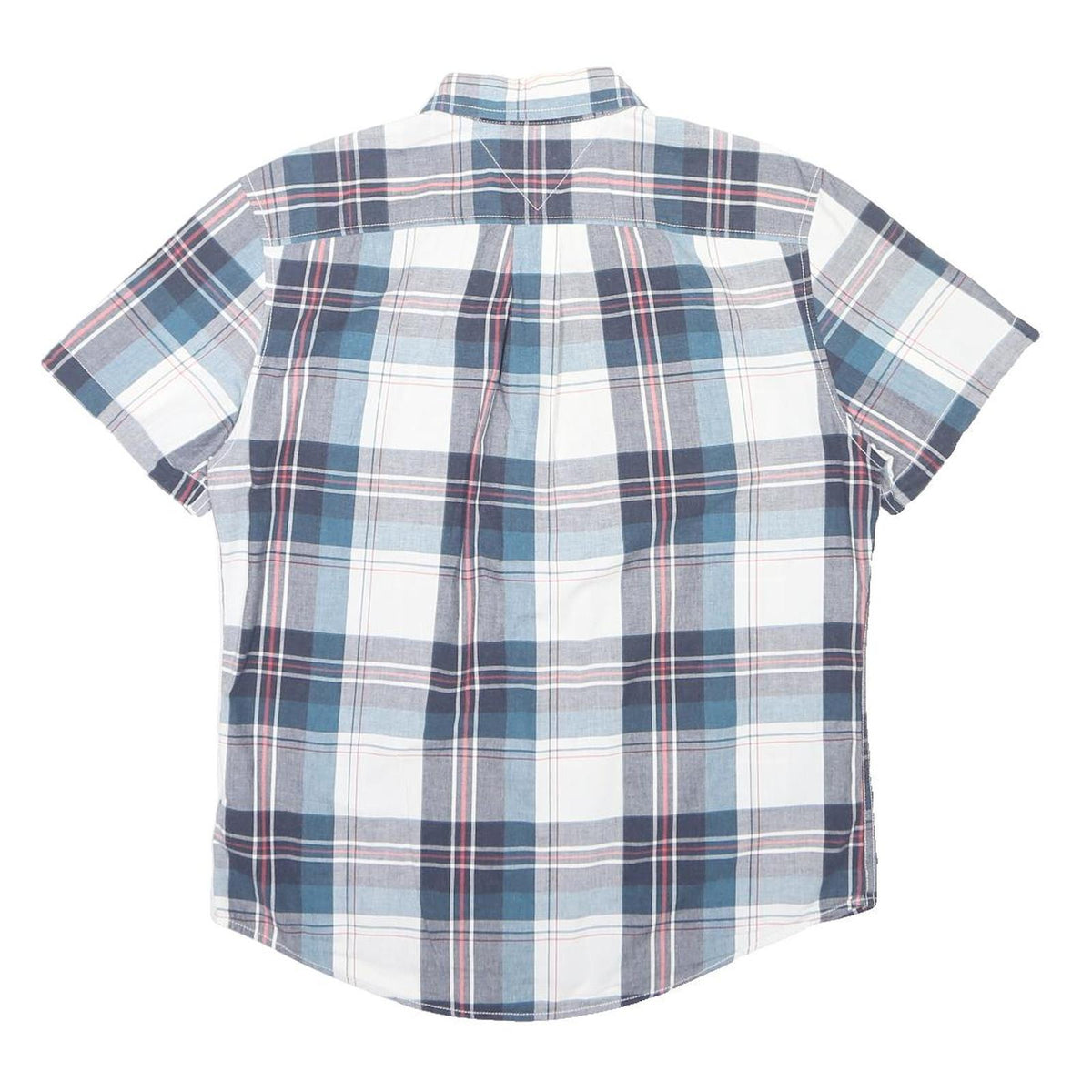 TOMMY HILFIGER Mens Blue & White Check Shirt L Cotton Blend Casual Short Sleeve