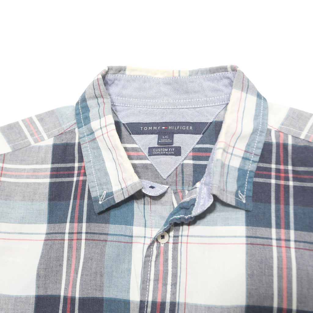 TOMMY HILFIGER Mens Blue & White Check Shirt L Cotton Blend Casual Short Sleeve