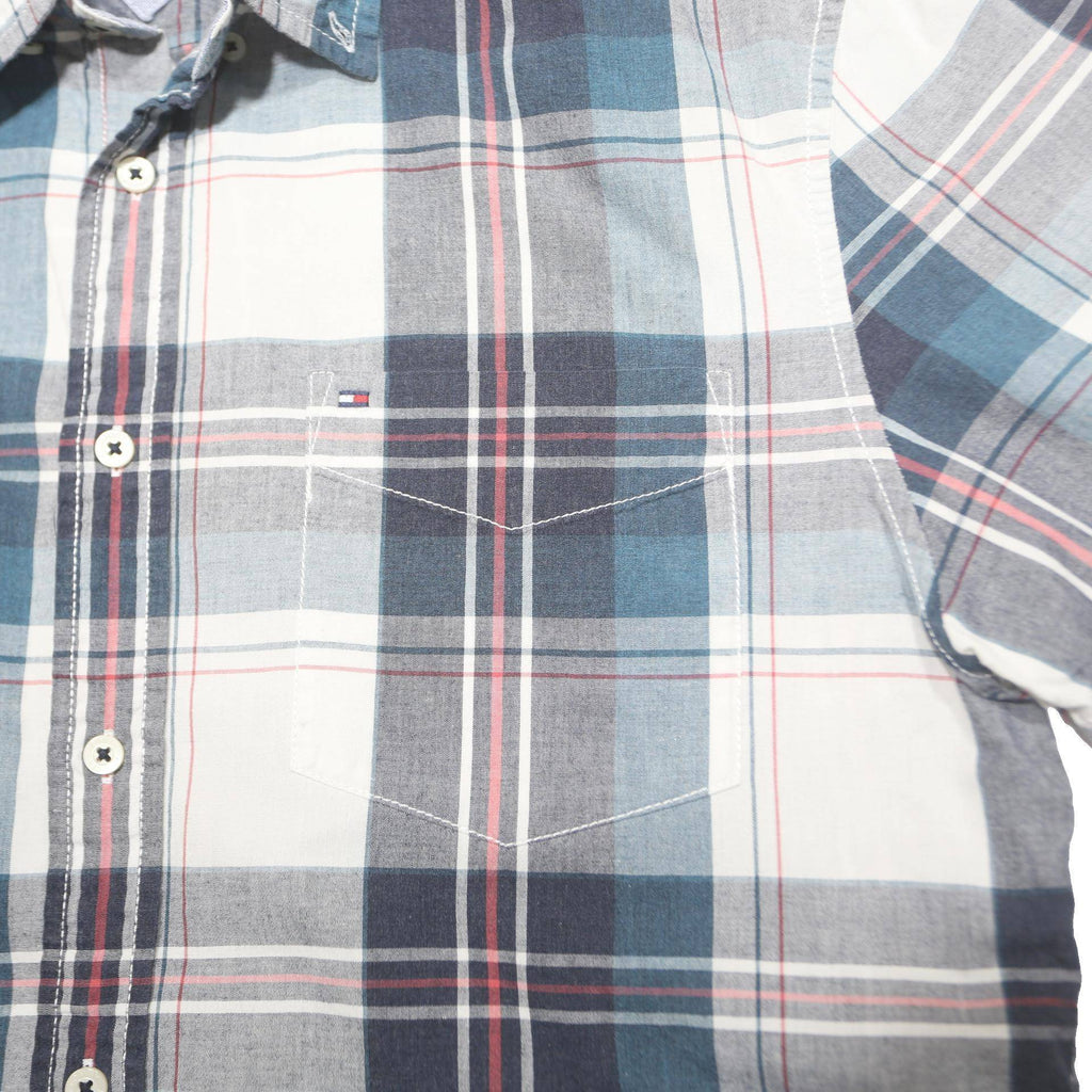 TOMMY HILFIGER Mens Blue & White Check Shirt L Cotton Blend Casual Short Sleeve