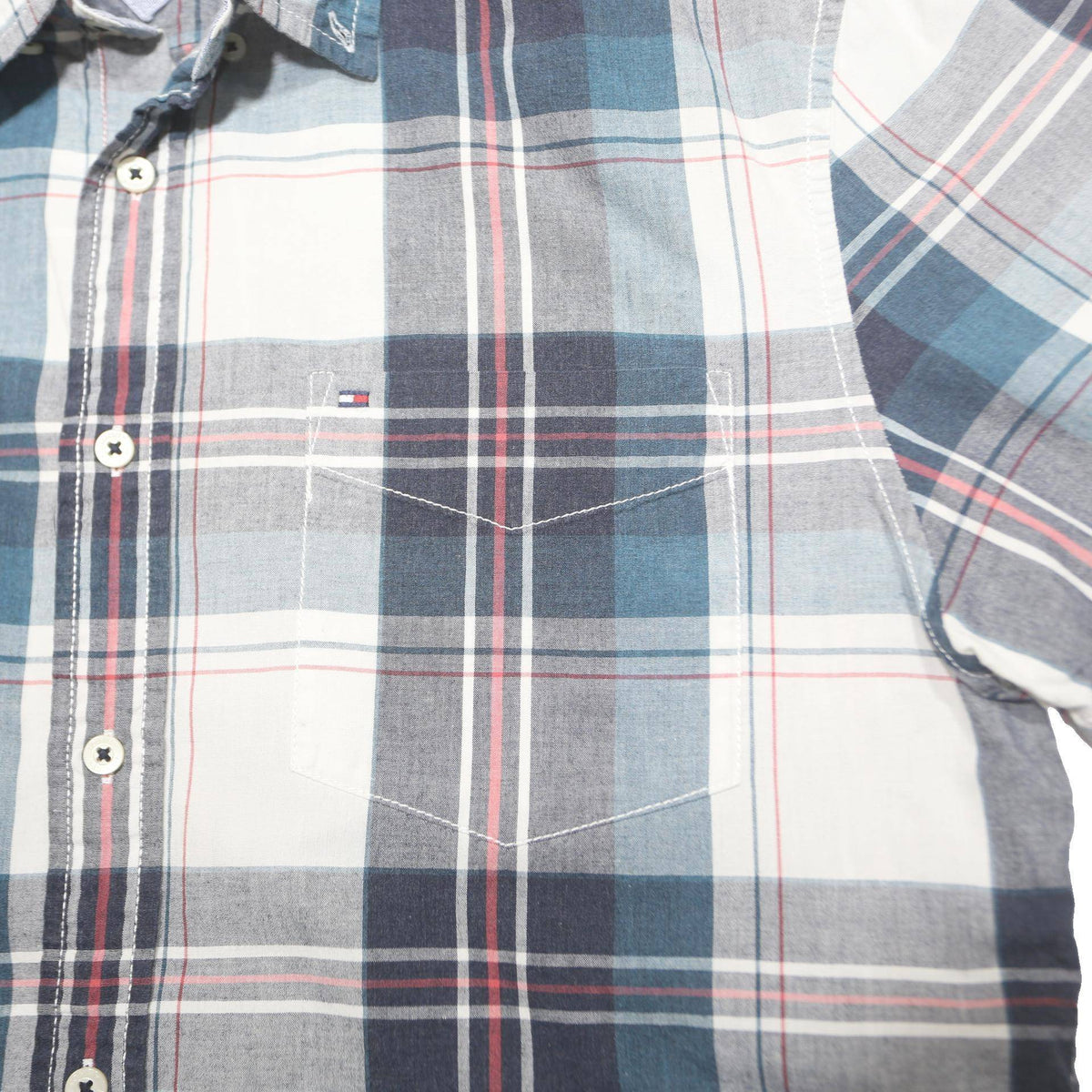 TOMMY HILFIGER Mens Blue & White Check Shirt L Cotton Blend Casual Short Sleeve