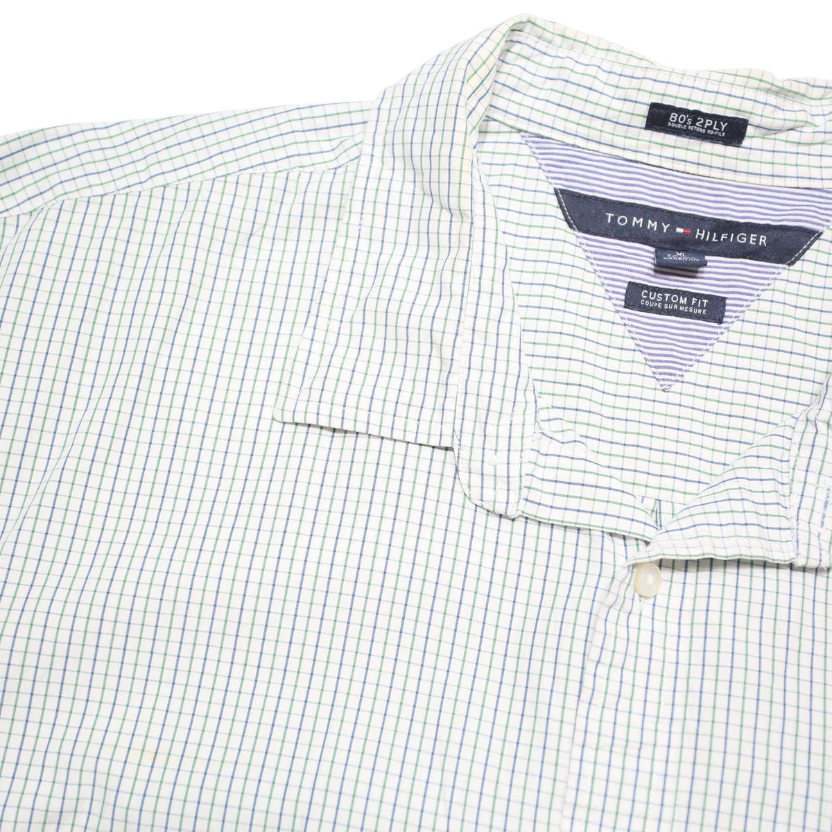 TOMMY HILFIGER Mens White & Green Check Shirt XL Classic Cotton Blend Long