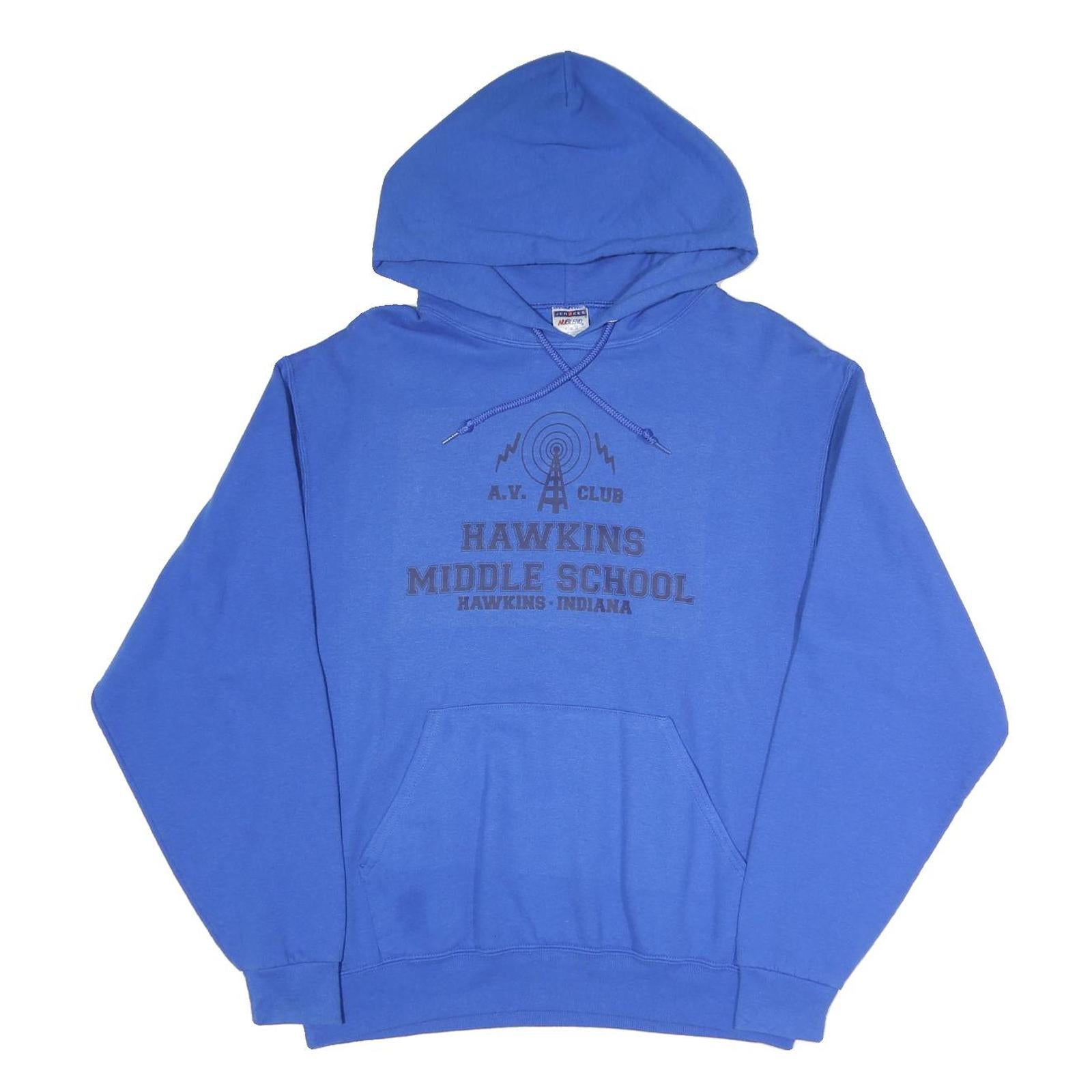 JERZEES Mens Blue Hawkins Middle School A.V. Club Pullover Hoodie M Cotton Blend