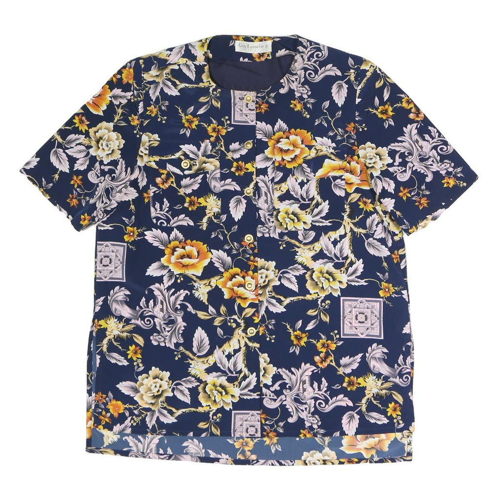 GUY LAROCHE Womens Blue Yellow Floral Printed Short Sleeve Round Neck Top XL