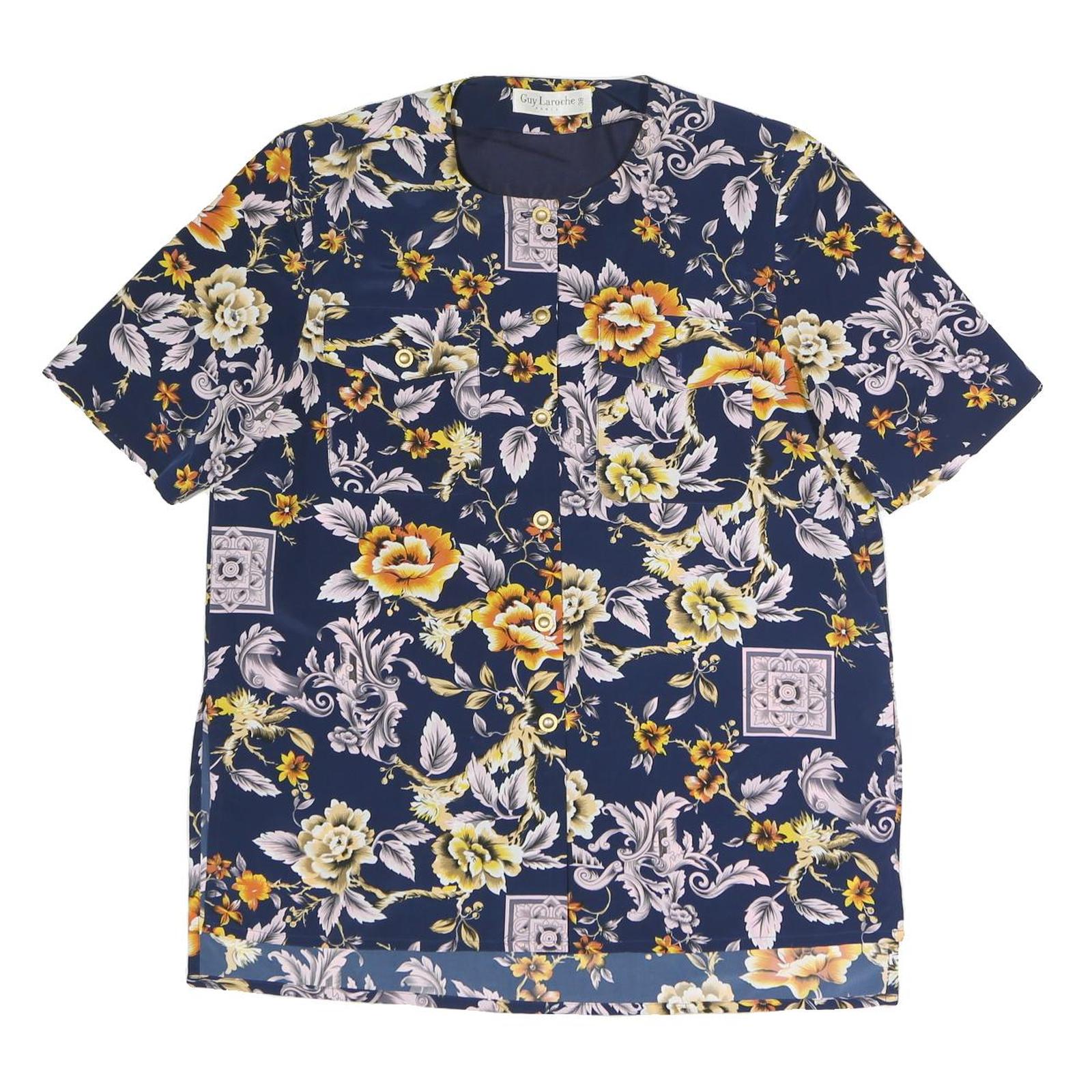 GUY LAROCHE Womens Blue Yellow Floral Printed Short Sleeve Round Neck Top XL