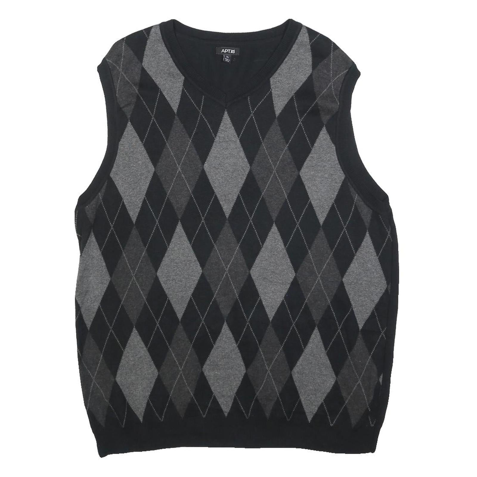 APT 9 Mens Black & Grey Patterned Sleeveless V-Neck Cotton Jumper XL Argyle Knit