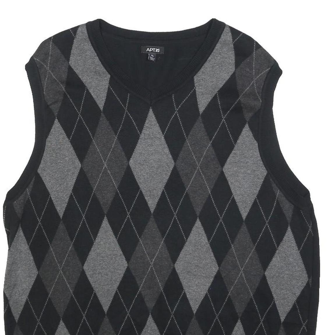 APT 9 Mens Black & Grey Patterned Sleeveless V-Neck Cotton Jumper XL Argyle Knit