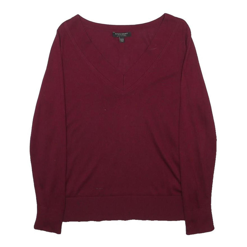 BANANA REPUBLIC Womens Maroon Plain V-Neck Basic Knit Jumper M Silk Blend