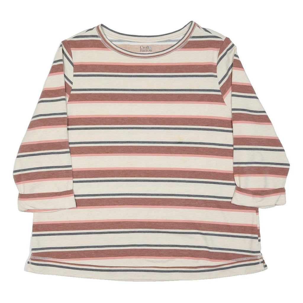 CROFT & BARROW Womens Cream & Pink Striped T-Shirt 2XL Long Sleeve Round Neck