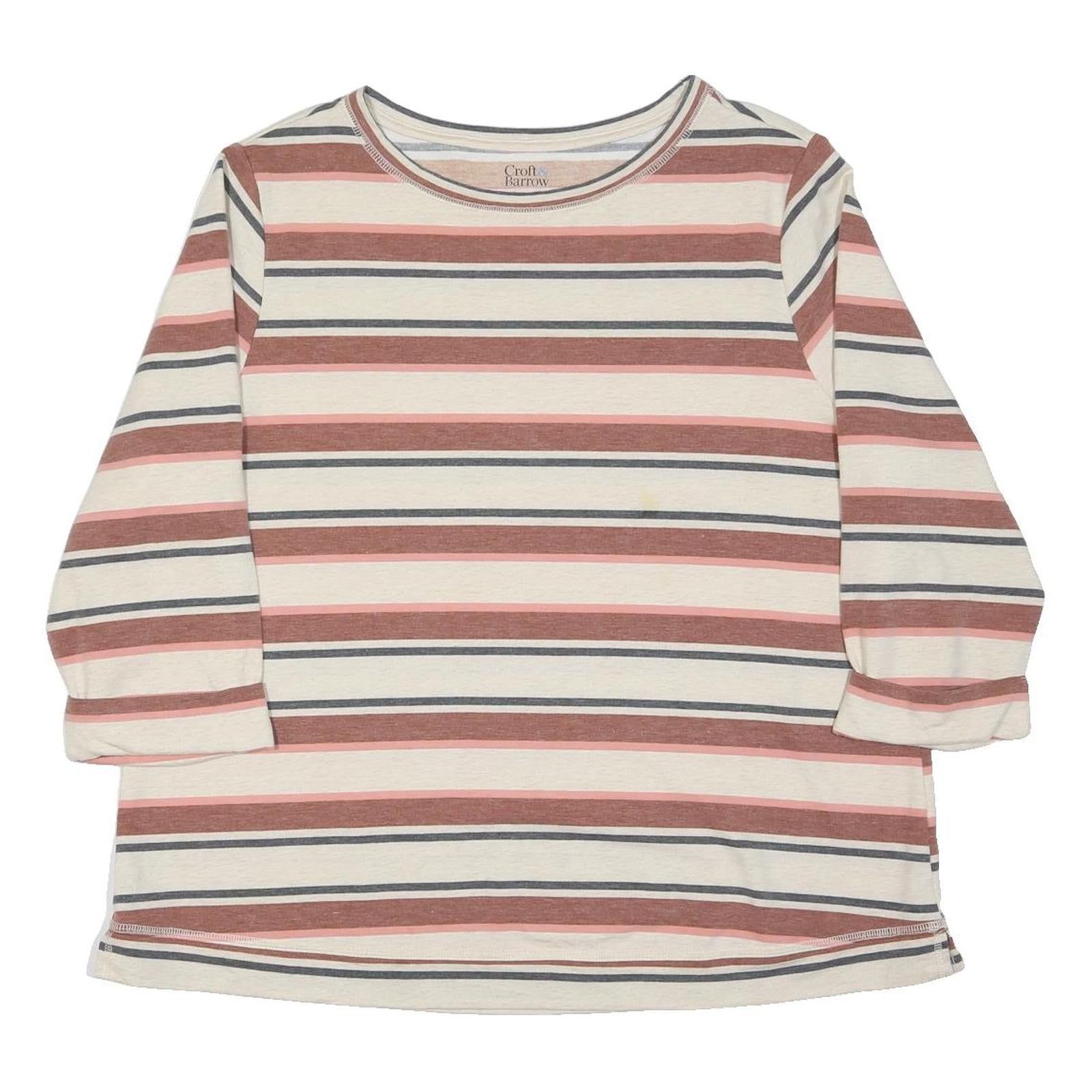 CROFT & BARROW Womens Cream & Pink Striped T-Shirt 2XL Long Sleeve Round Neck