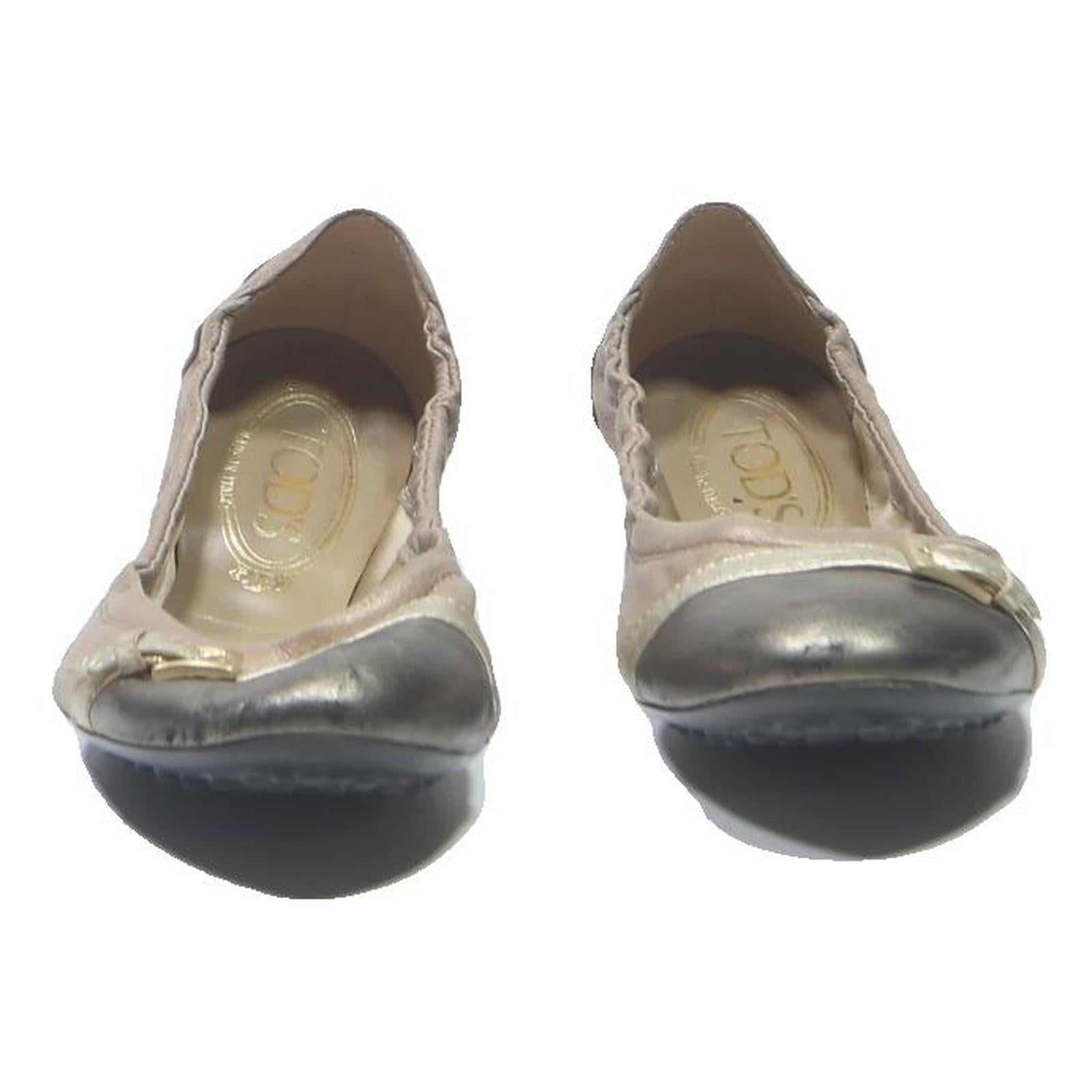 TODS Womens Ballet Flats Shoes Beige Gold Synthetic UK 6 Designer Casual