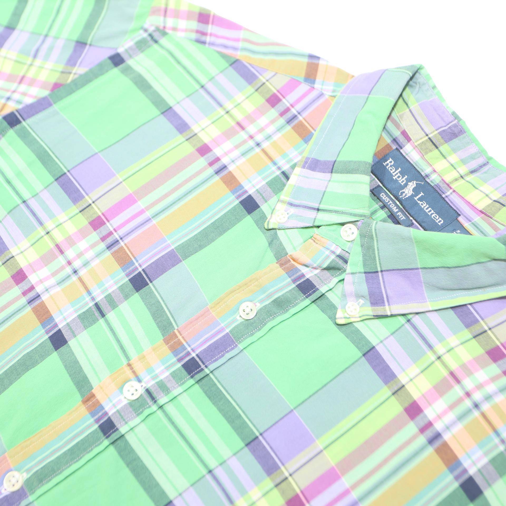 RALPH LAUREN Mens Green & Purple Check Cotton Shirt L Custom Fit Button Down