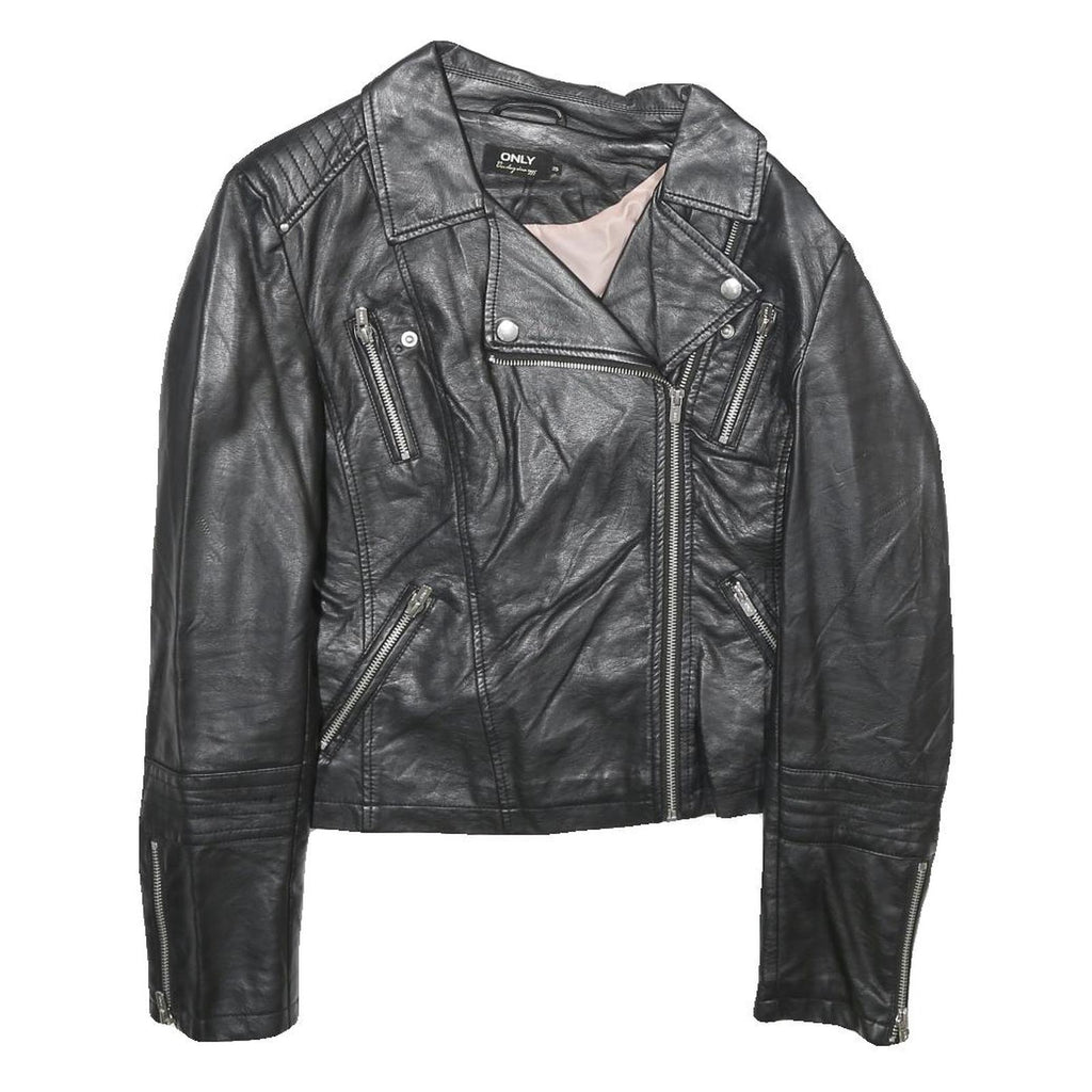 ONLY Womens Black Faux Leather Biker Jacket UK 10 Zip Classic Stylish Zip