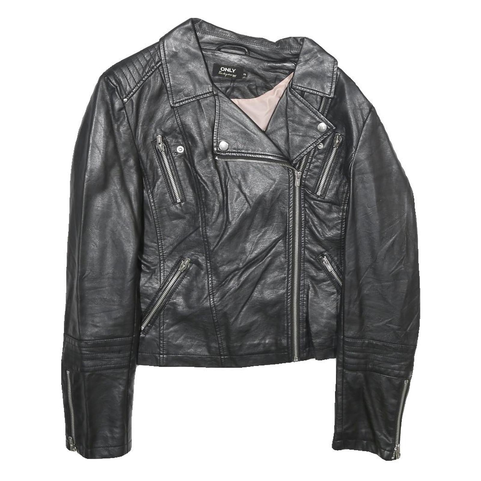 ONLY Womens Black Faux Leather Biker Jacket UK 10 Zip Classic Stylish Zip