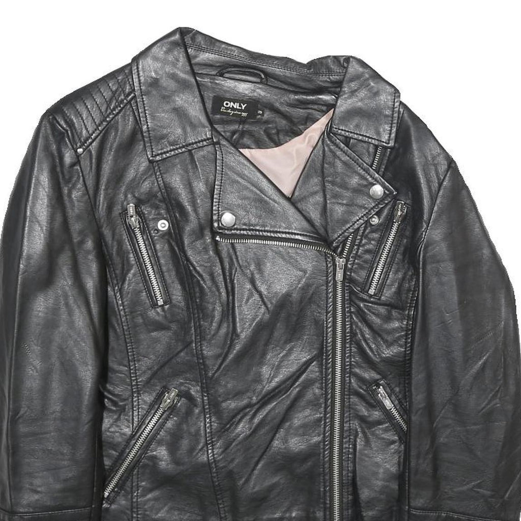 ONLY Womens Black Faux Leather Biker Jacket UK 10 Zip Classic Stylish Zip