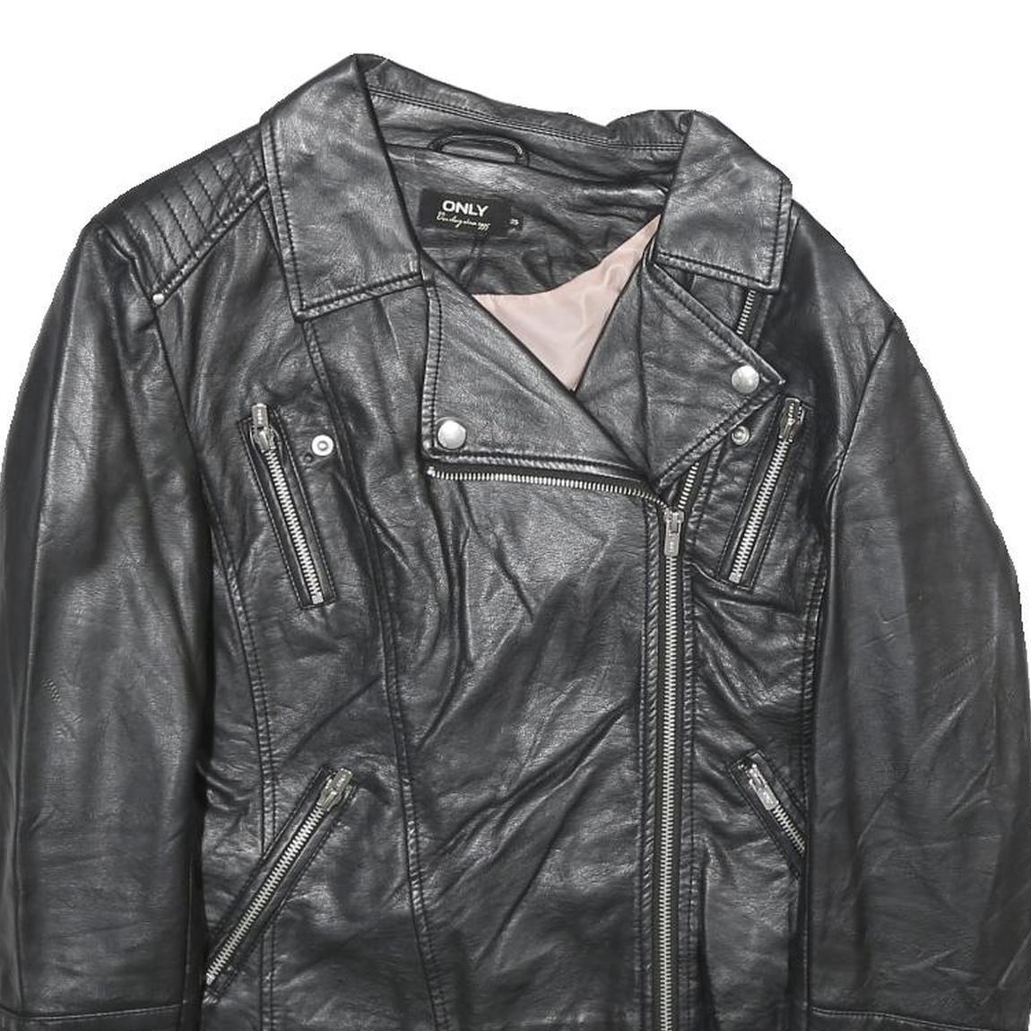 ONLY Womens Black Faux Leather Biker Jacket UK 10 Zip Classic Stylish Zip