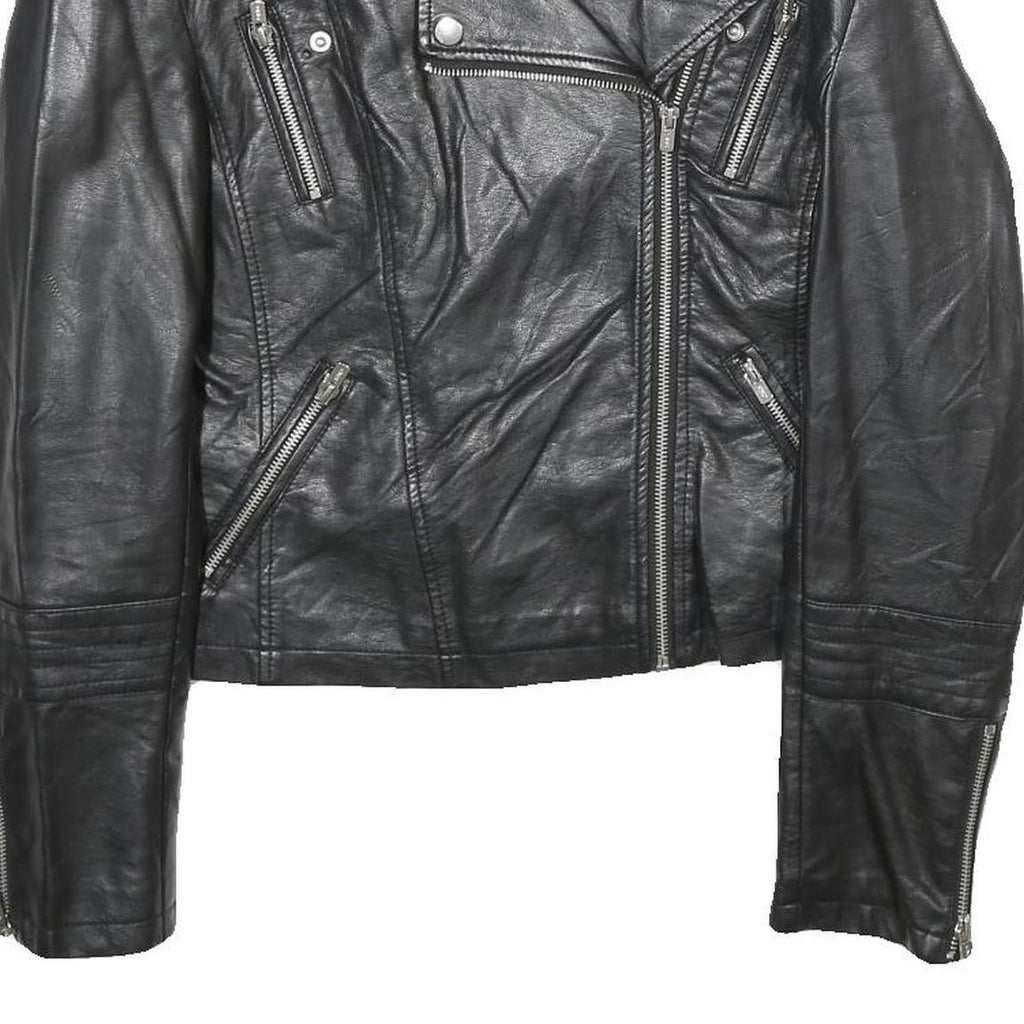 ONLY Womens Black Faux Leather Biker Jacket UK 10 Zip Classic Stylish Zip