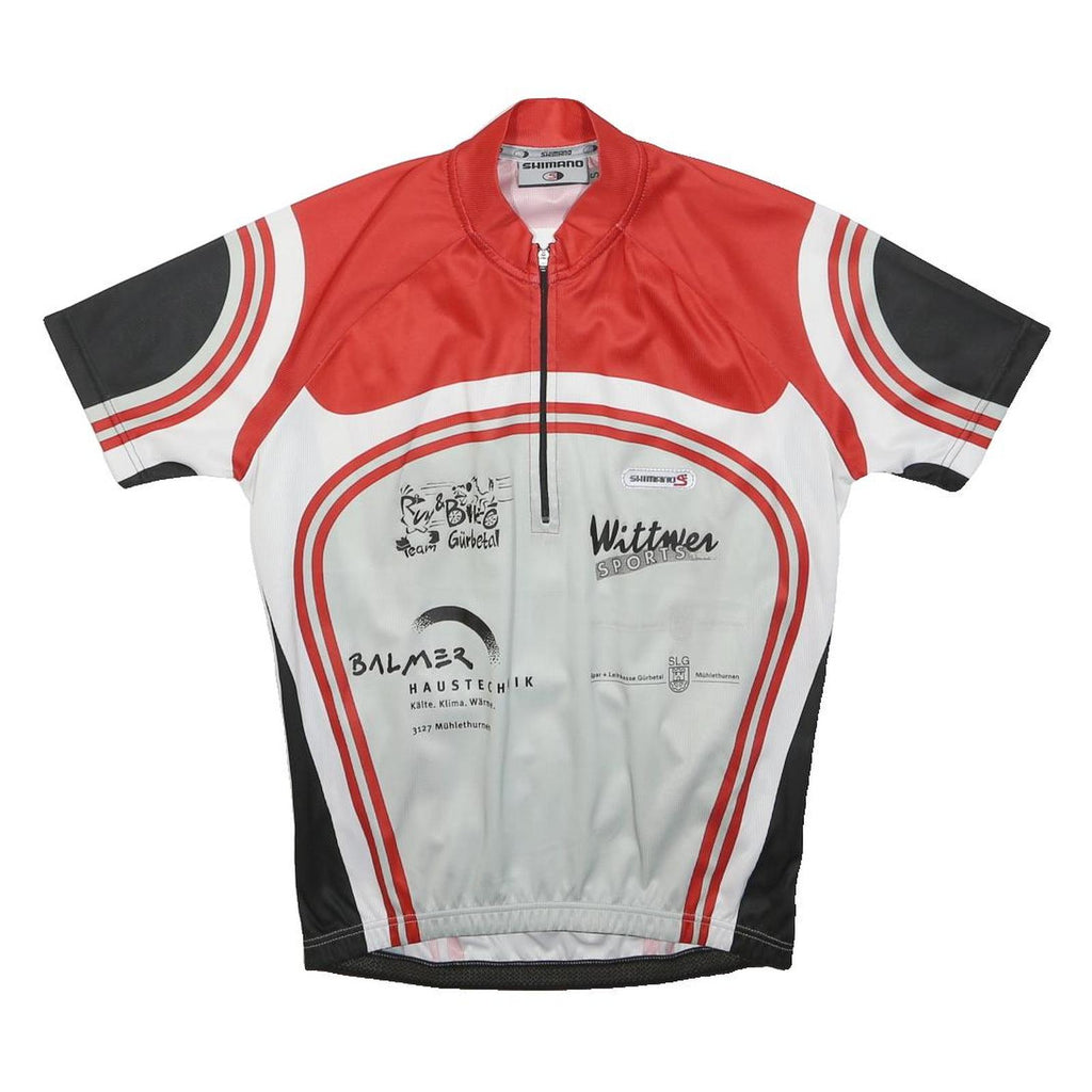 SHIMANO Mens Red & White Sports T-Shirt S Short Sleeve Zip Neck Cycling Jersey