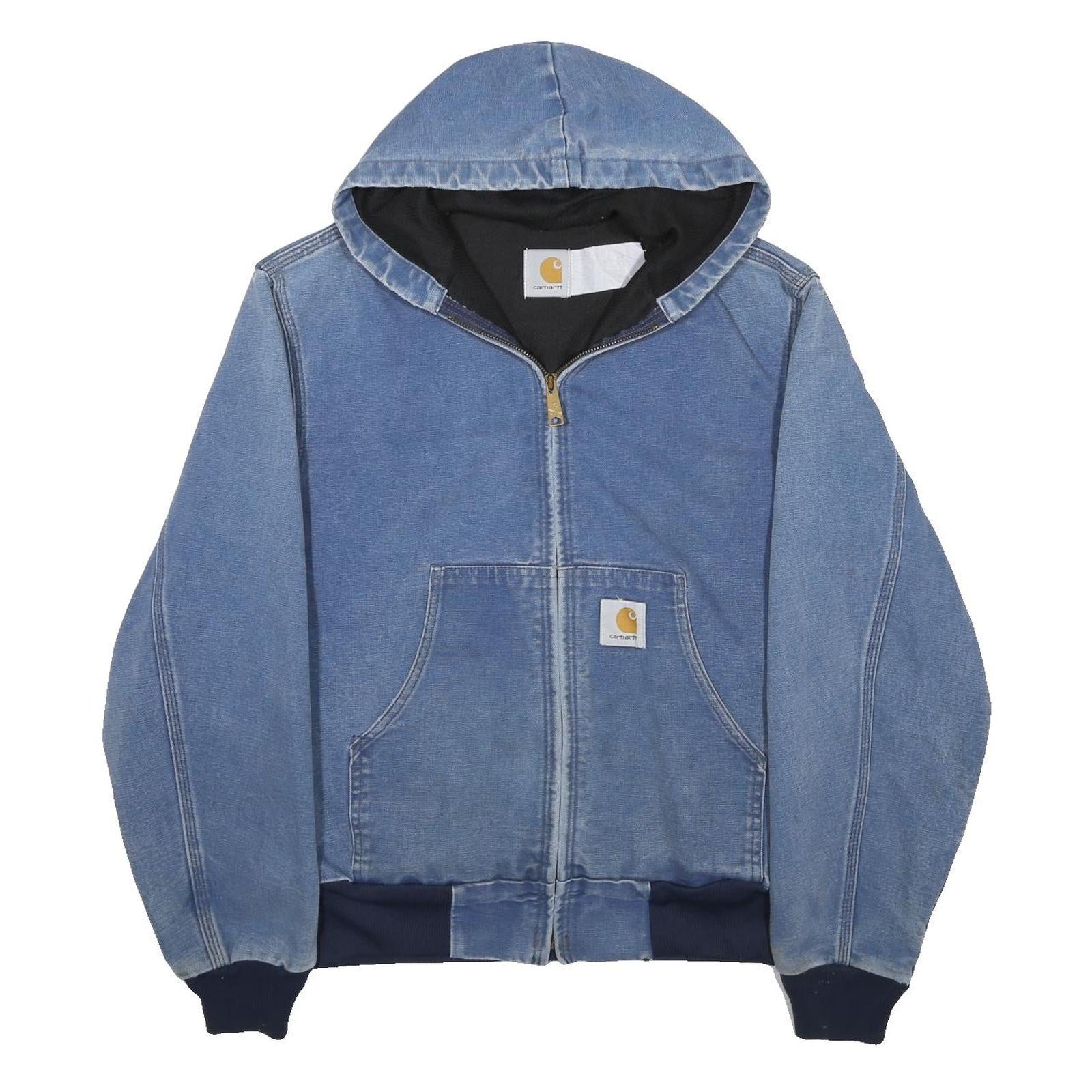 CARHARTT Mens Blue Denim Jacket M Cotton Blend Hooded Zip Closure Casual Wear