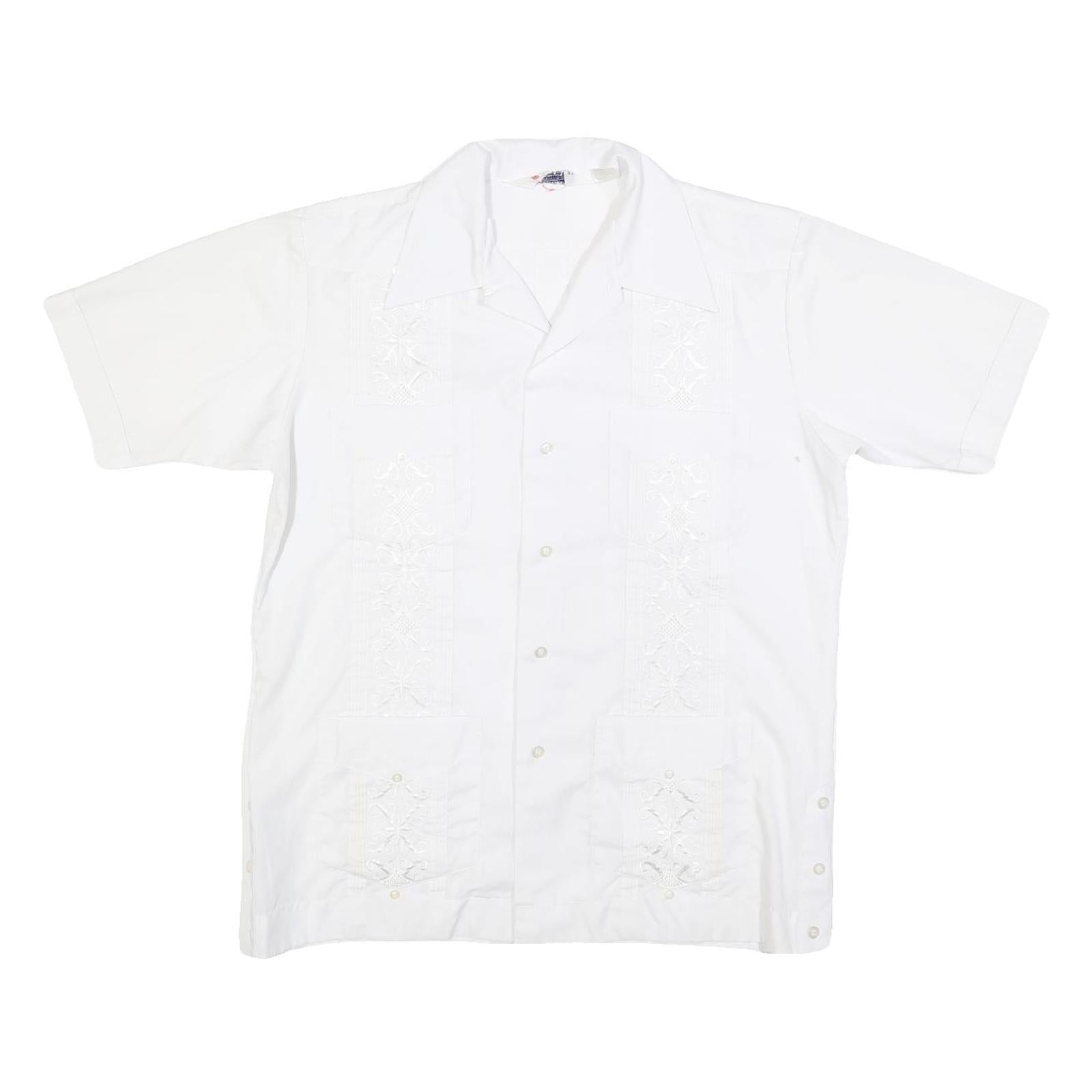ROMANI Mens White Cotton Blend Short Sleeve Shirt L Embroidered Casual