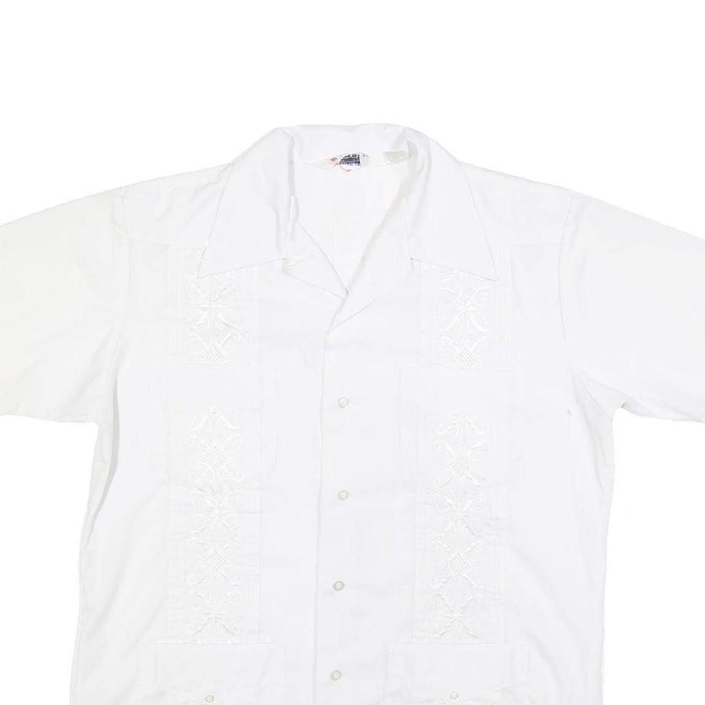 ROMANI Mens White Cotton Blend Short Sleeve Shirt L Embroidered Casual