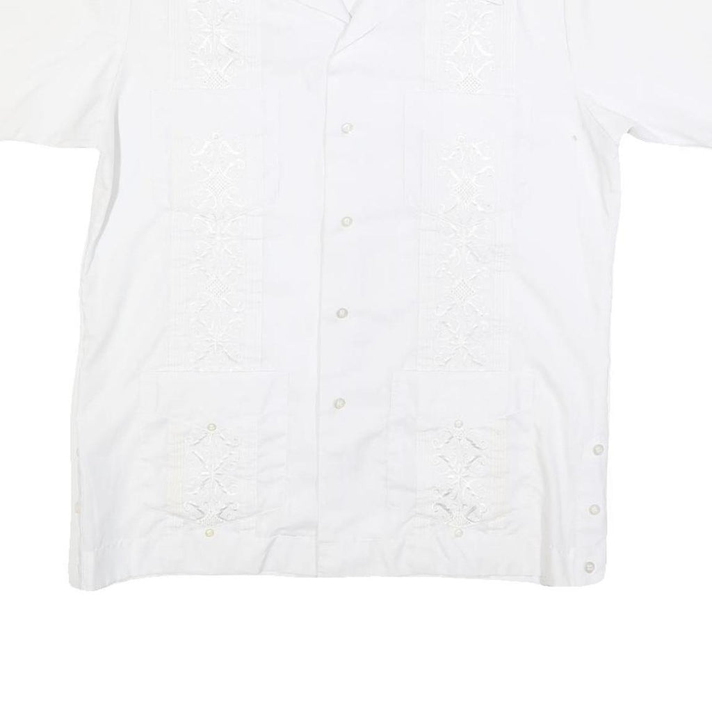 ROMANI Mens White Cotton Blend Short Sleeve Shirt L Embroidered Casual