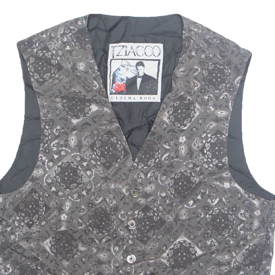 TZIACCO Mens Blazer Waistcoat Grey 90s Crazy Pattern L