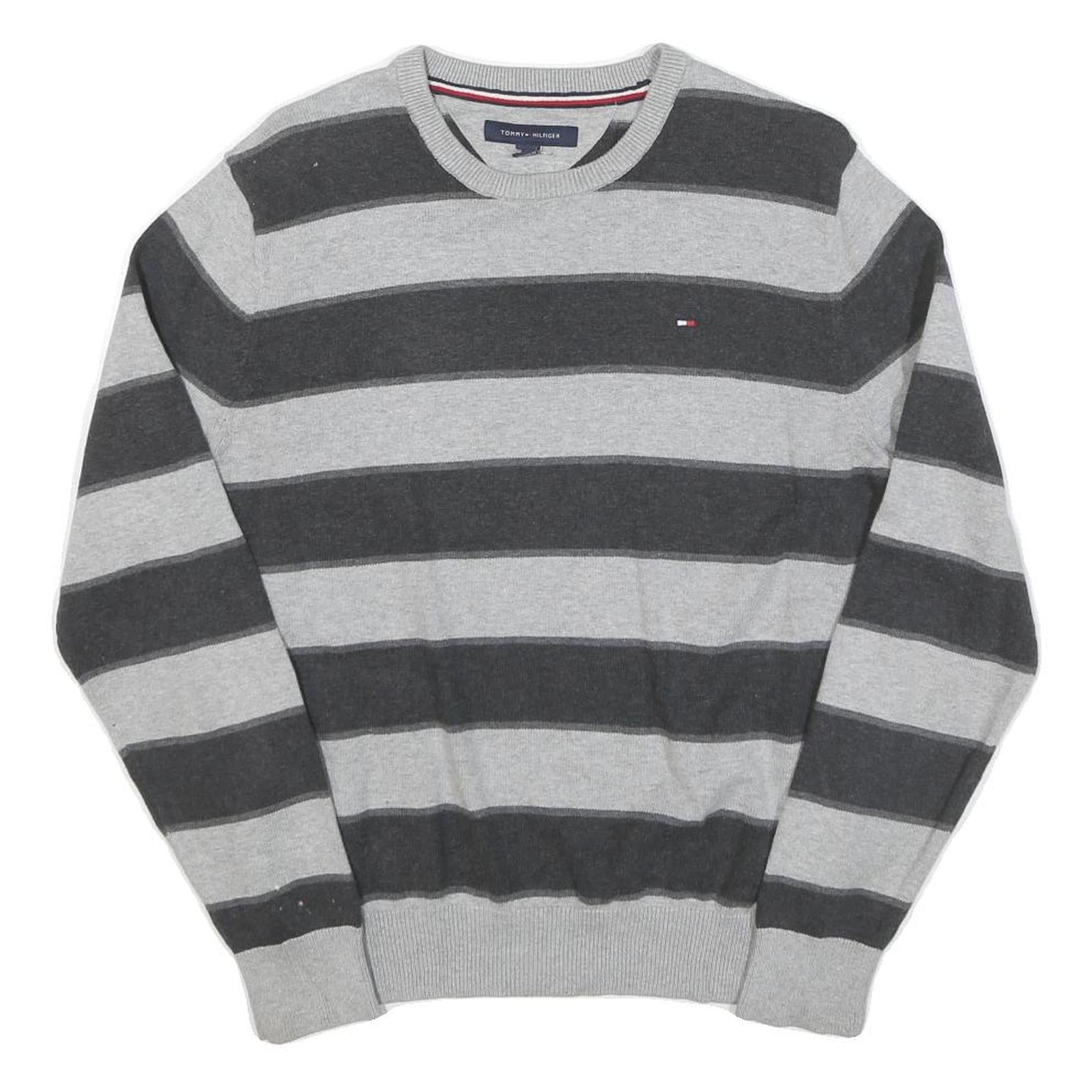TOMMY HILFIGER Mens Grey & Dark Grey Striped Patterned Crew Neck Basic Knit