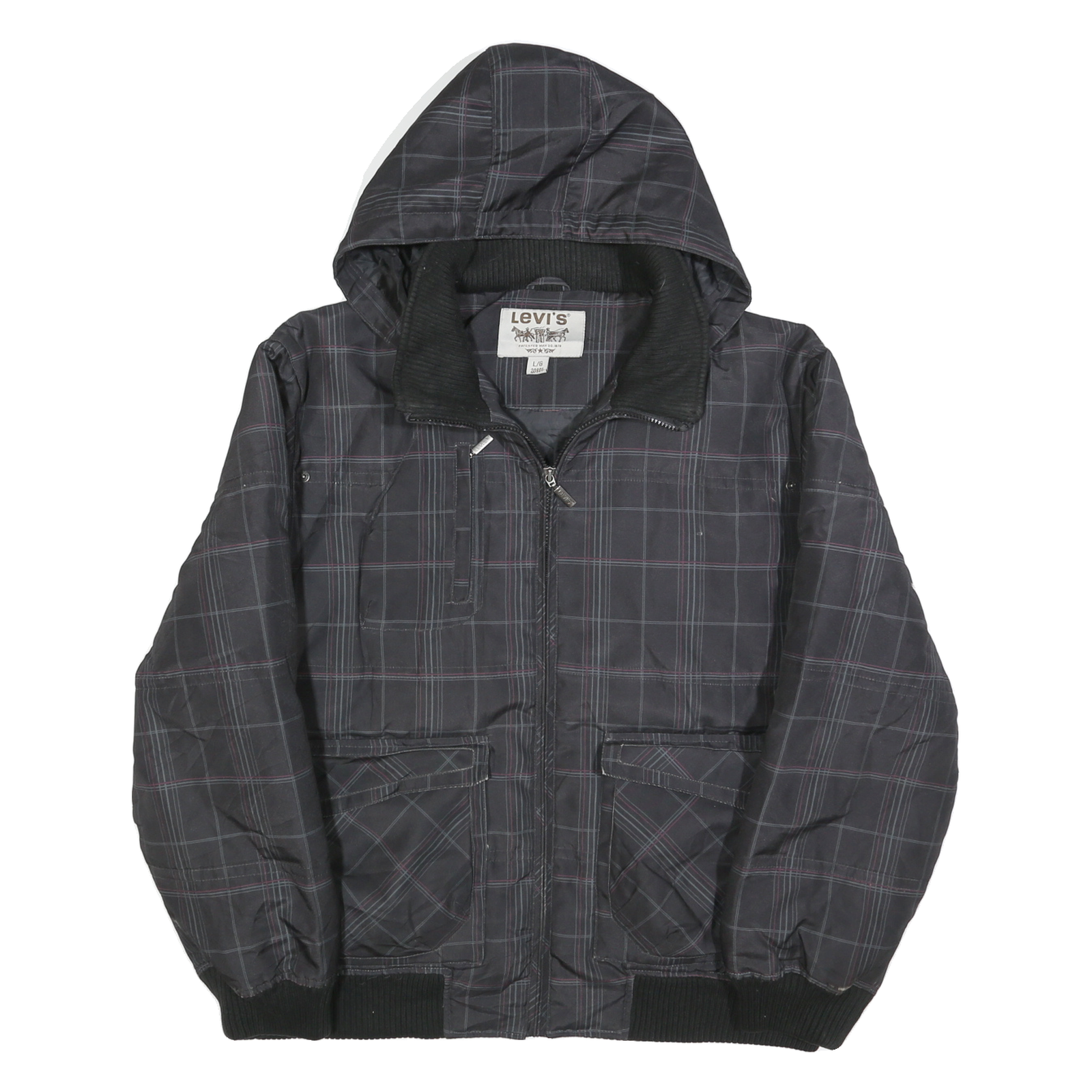 LEVI'S Mens Black & Grey Check Zip Jacket L Polyester Blend Casual Outdoor