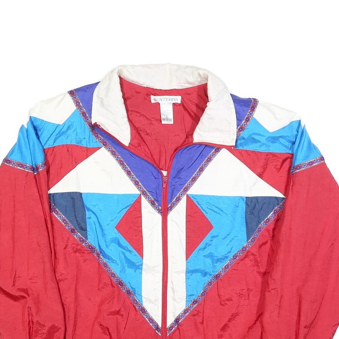 SUNTERRA Womens Red Blue & White Nylon Zip Jacket L Retro Patterned Lightweight