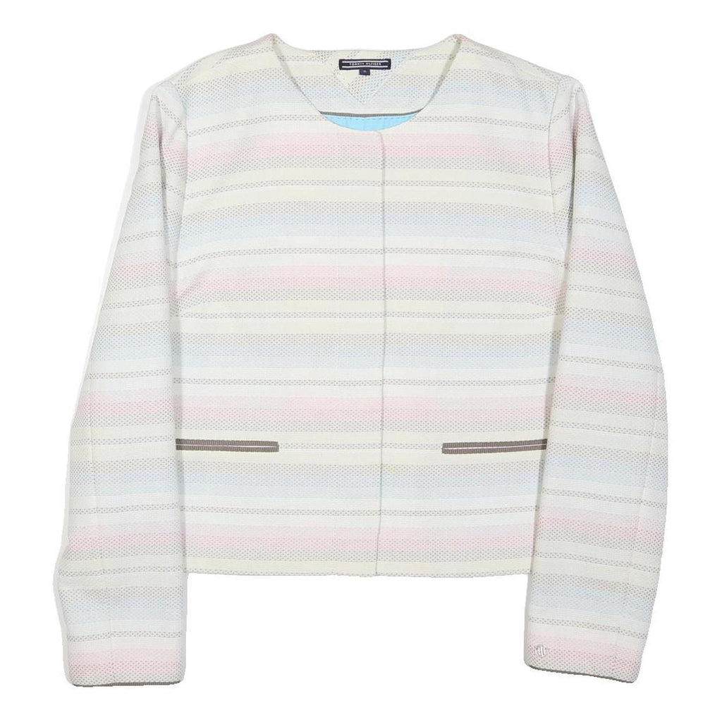 TOMMY HILFIGER Womens White & Pastel Stripe Cotton Blend Button Jacket M Woven