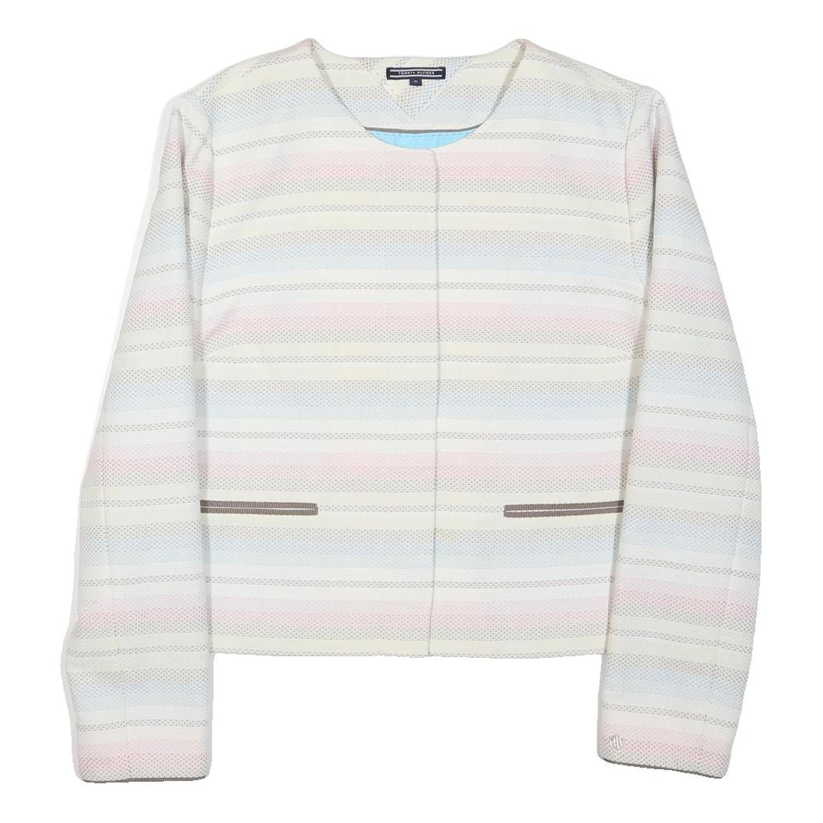 TOMMY HILFIGER Womens White & Pastel Stripe Cotton Blend Button Jacket M Woven