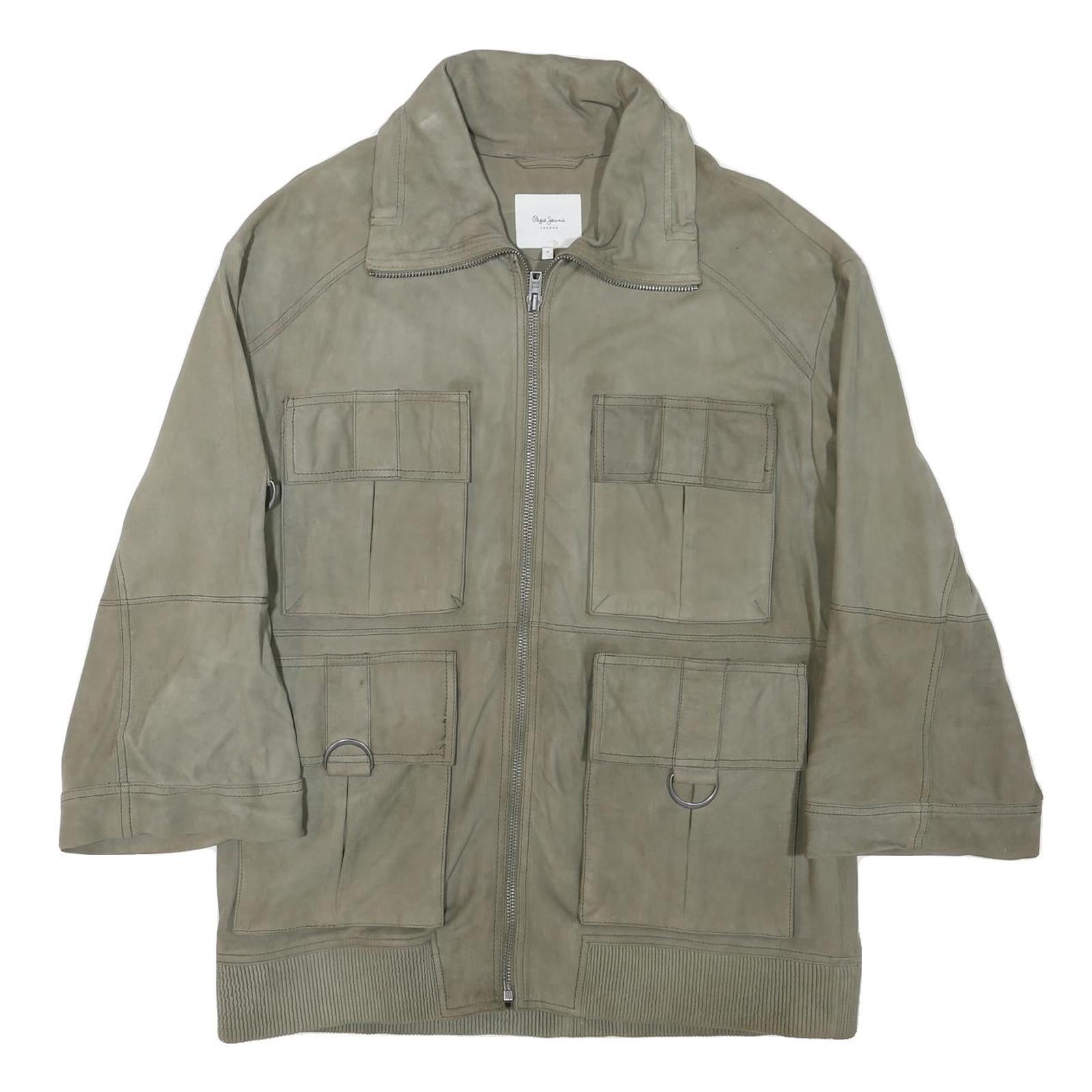 PEPE JEANS Mens Grey Leather Utility Jacket L Suede Four Pocket Zip Closure