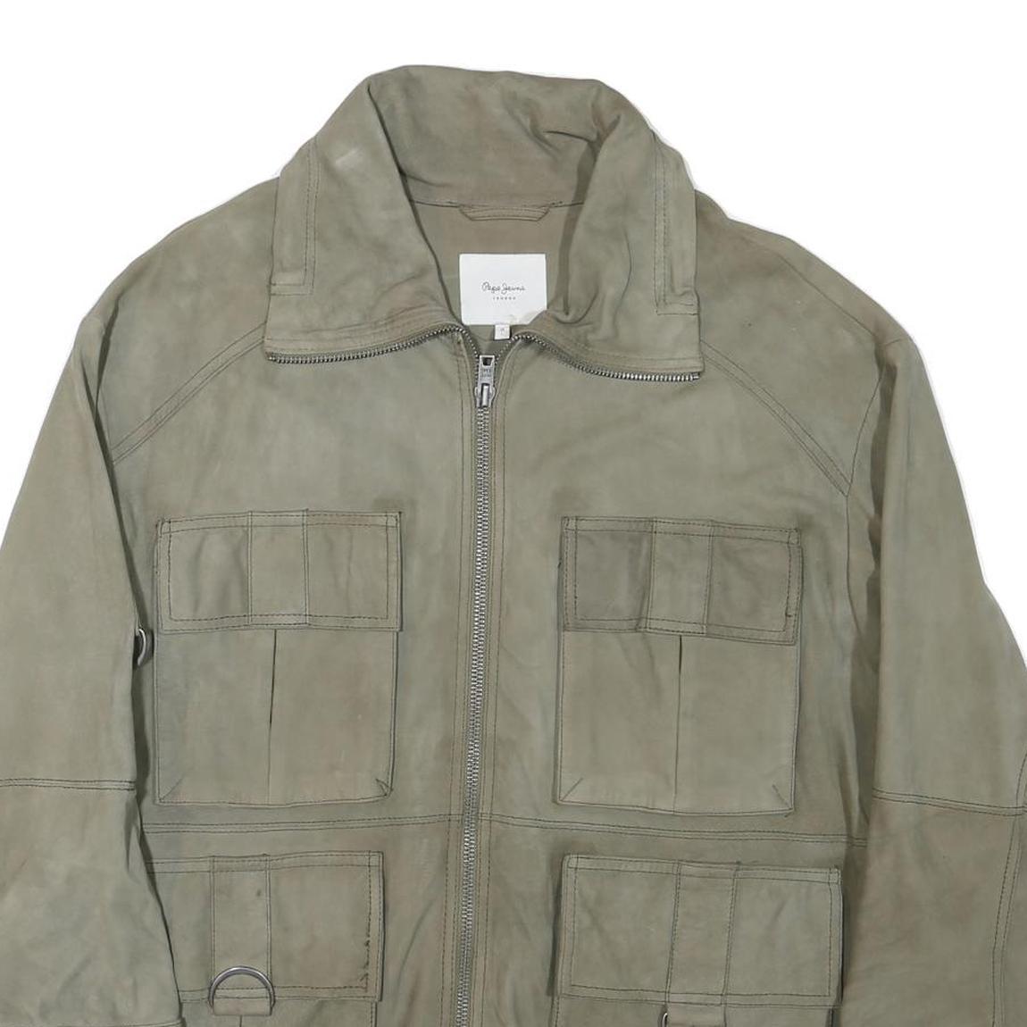 PEPE JEANS Mens Grey Leather Utility Jacket L Suede Four Pocket Zip Closure