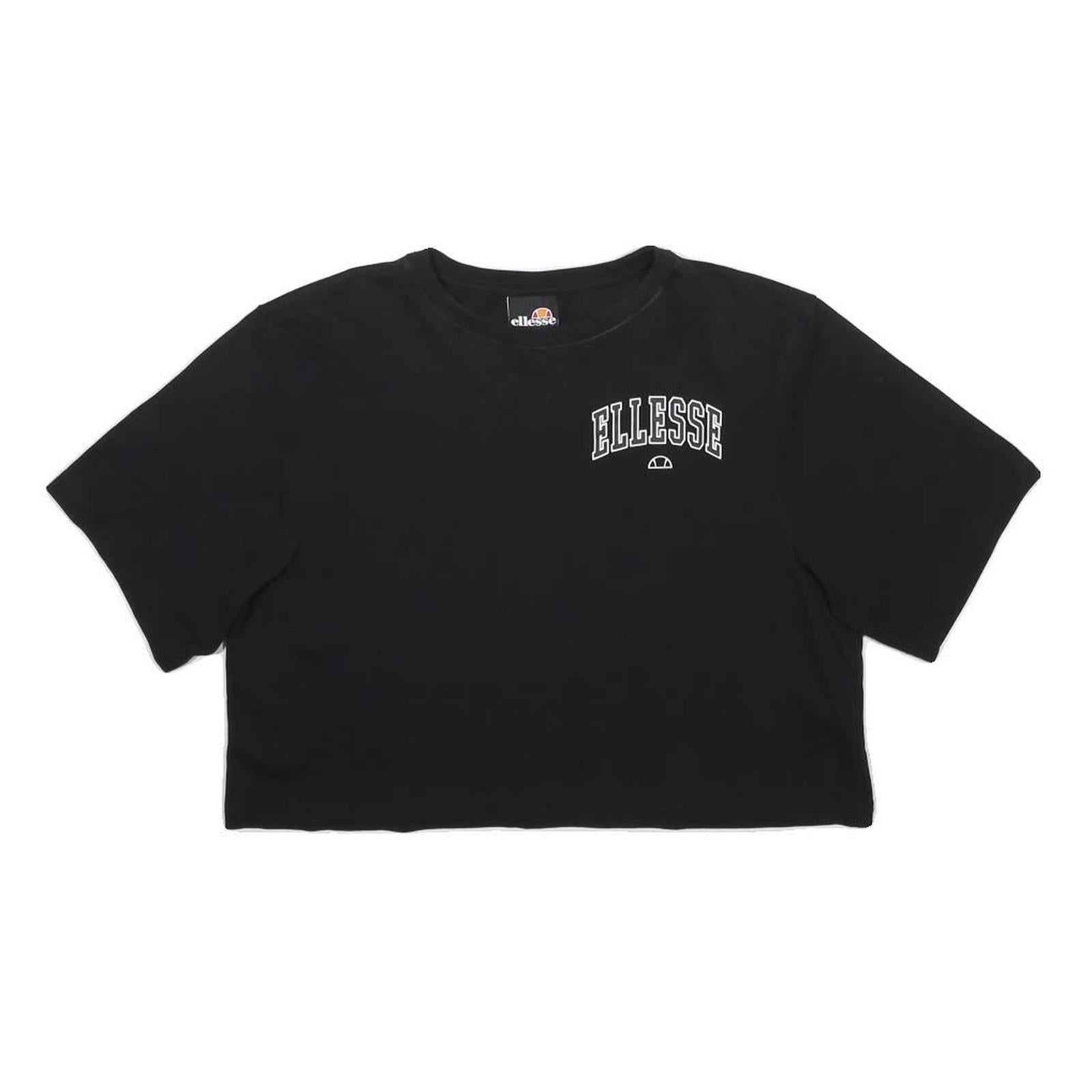 ELLESSE Womens Black Graphic T-Shirt UK 12 Short Sleeve Round Neck Casual Crop