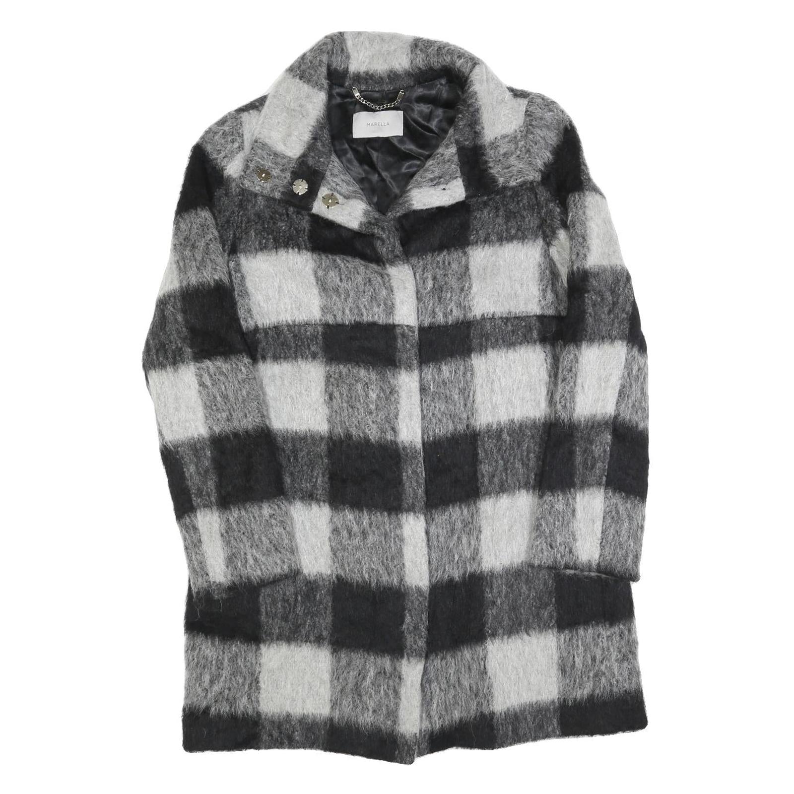MARELLA Womens Black & Grey Check Wool Blend Coat Jacket UK 12 Button Closure