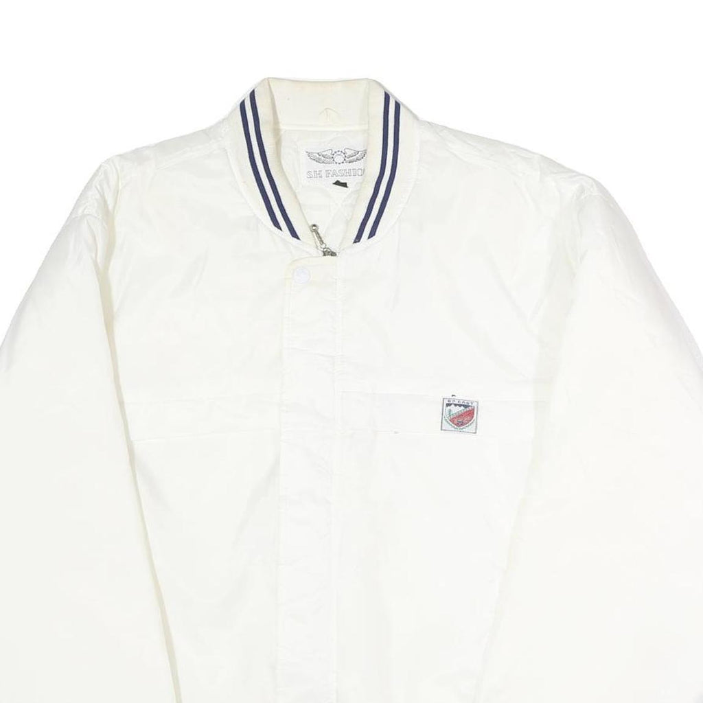 S.H FASHION Mens White Nylon Bomber Jacket L Button Closure Plain Lightweight