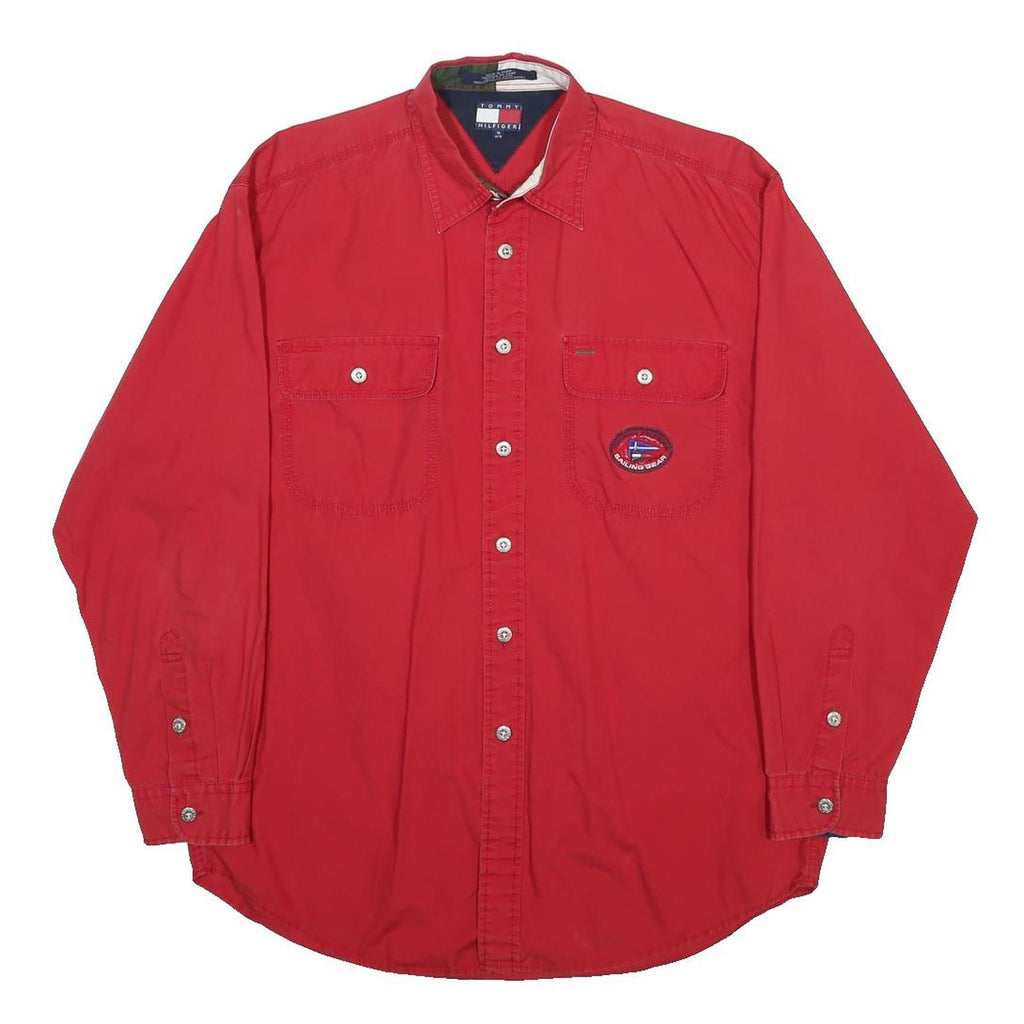 TOMMY HILFIGER Mens Red Sailing Gear Shirt M Button Front Cotton Long Sleeve