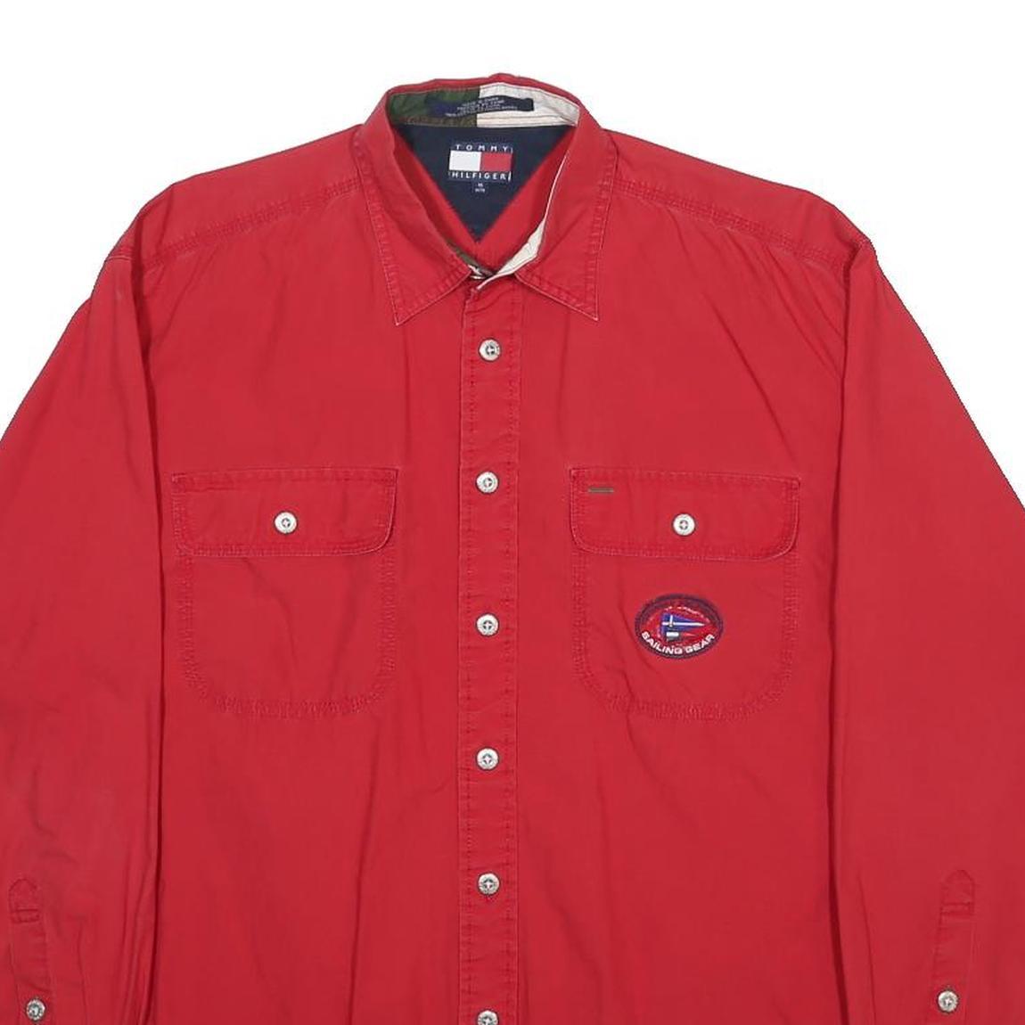 TOMMY HILFIGER Mens Red Sailing Gear Shirt M Button Front Cotton Long Sleeve