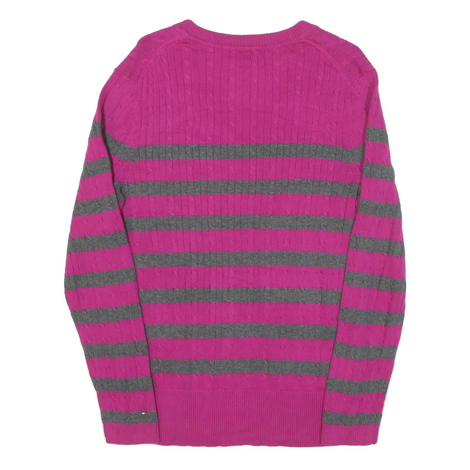 TOMMY HILFIGER Womens Pink & Grey Patterned V-Neck Basic Knit XL Jumper Cotton