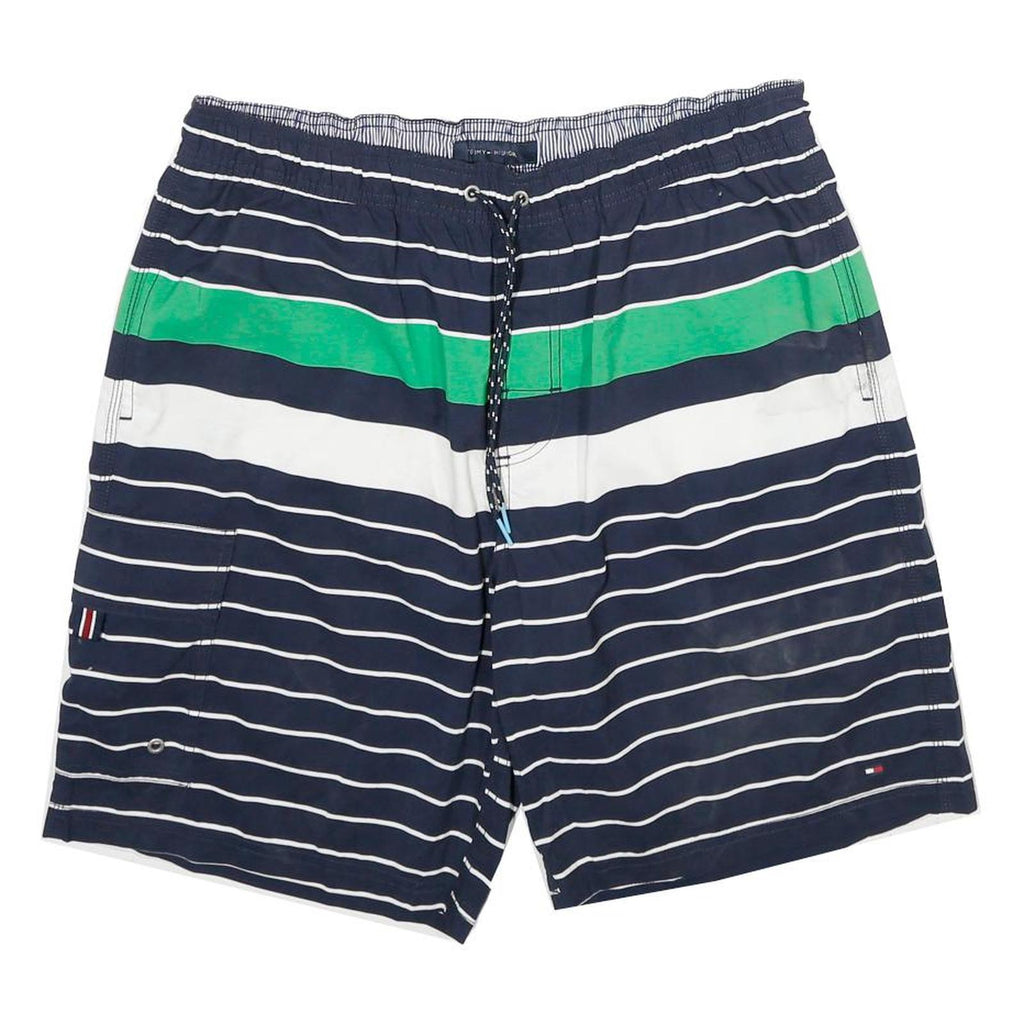 TOMMY HILFIGER Mens Shorts Navy Blue Green Striped L W32 Swimwear Drawstring