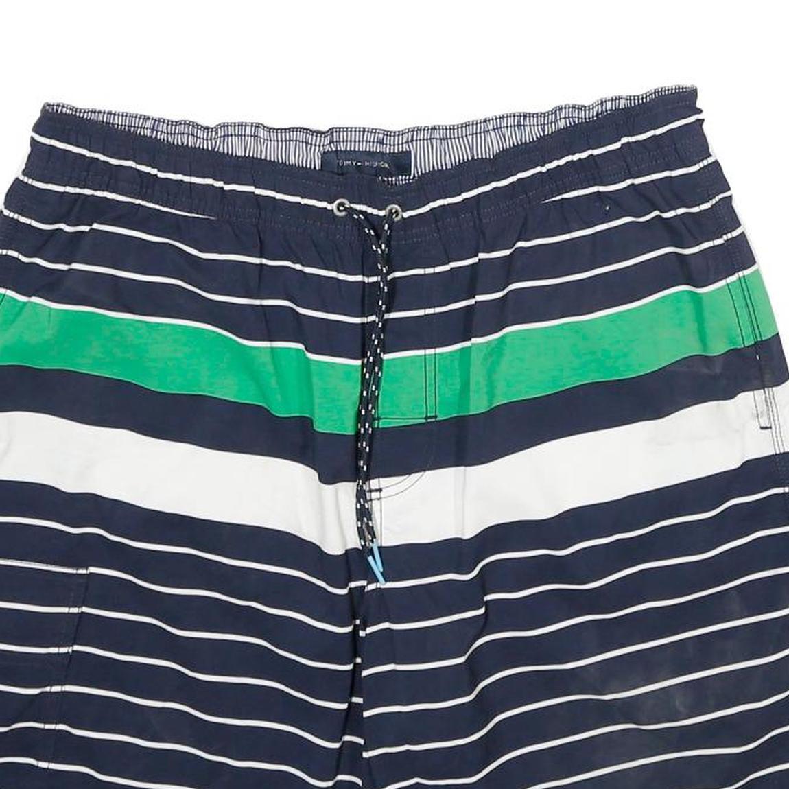 TOMMY HILFIGER Mens Shorts Navy Blue Green Striped L W32 Swimwear Drawstring