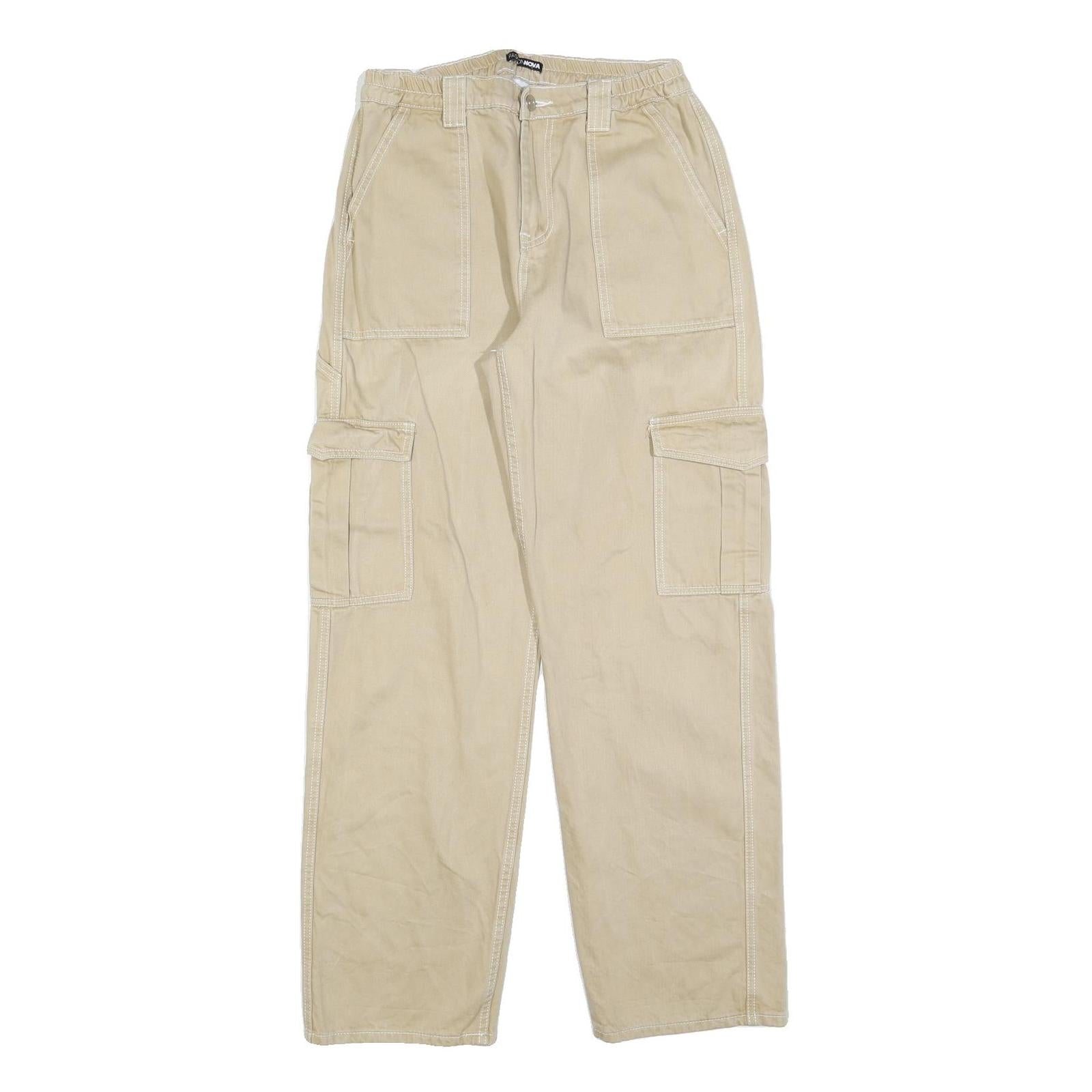 FASHION NOVA Womens Beige Relaxed Cargo Trousers W30 L32 Cotton Blend Zip