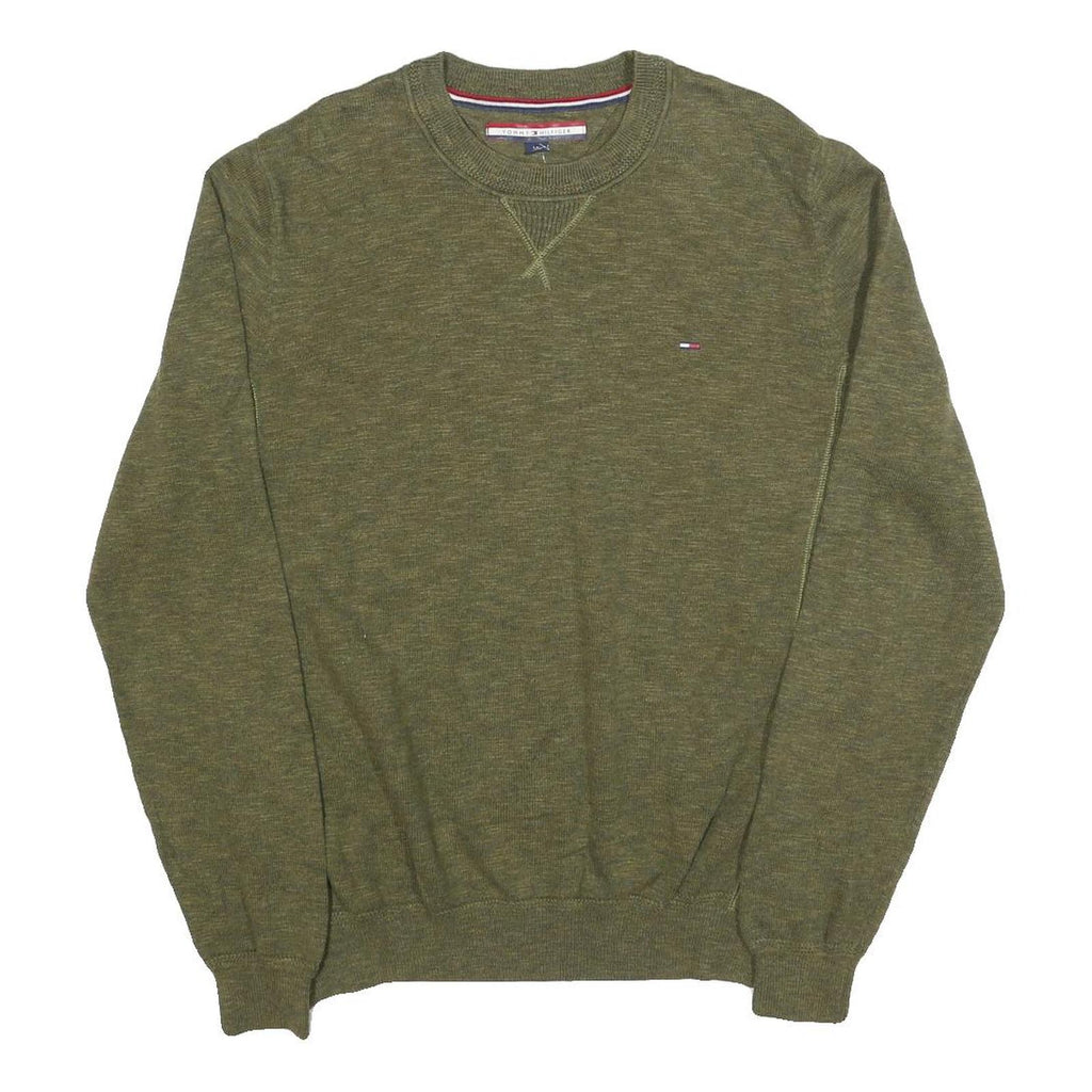 TOMMY HILFIGER Mens Green Plain Crew Neck Basic Knit Jumper L Cotton Blend