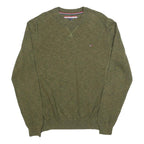 TOMMY HILFIGER Mens Green Plain Crew Neck Basic Knit Jumper L Cotton Blend