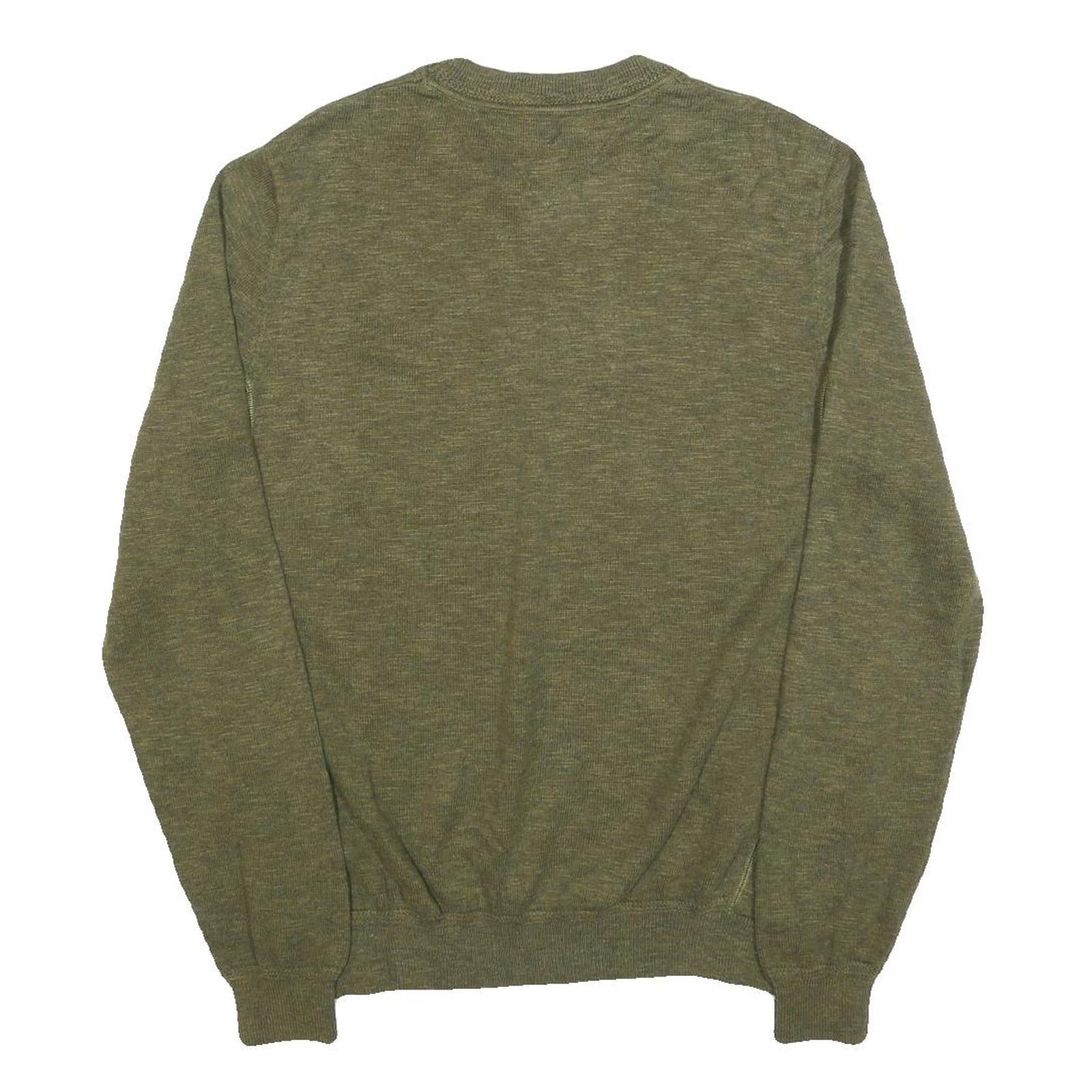 TOMMY HILFIGER Mens Green Plain Crew Neck Basic Knit Jumper L Cotton Blend