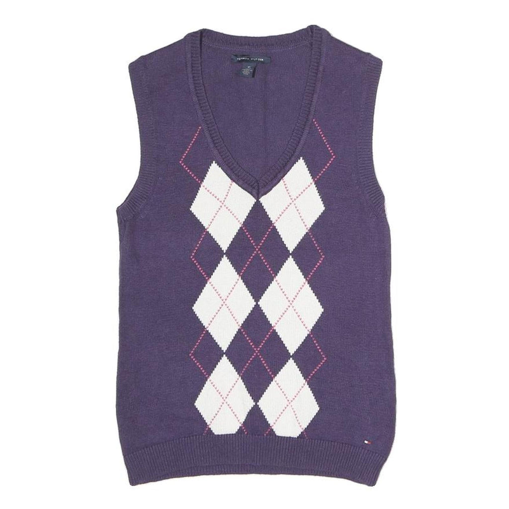 TOMMY HILFIGER Womens Purple White Argyle Pattern Pullover V-Neck Jumper XS